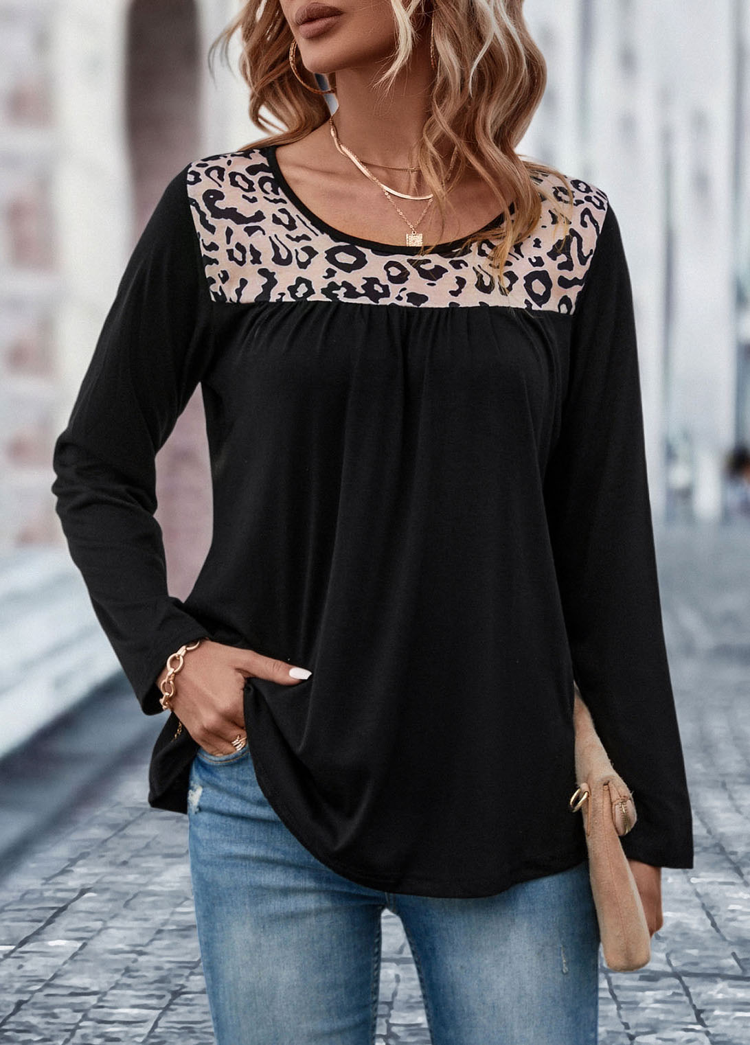Black tops,Leopard tops,Patchwork Leopard Black Round Neck T Shirt