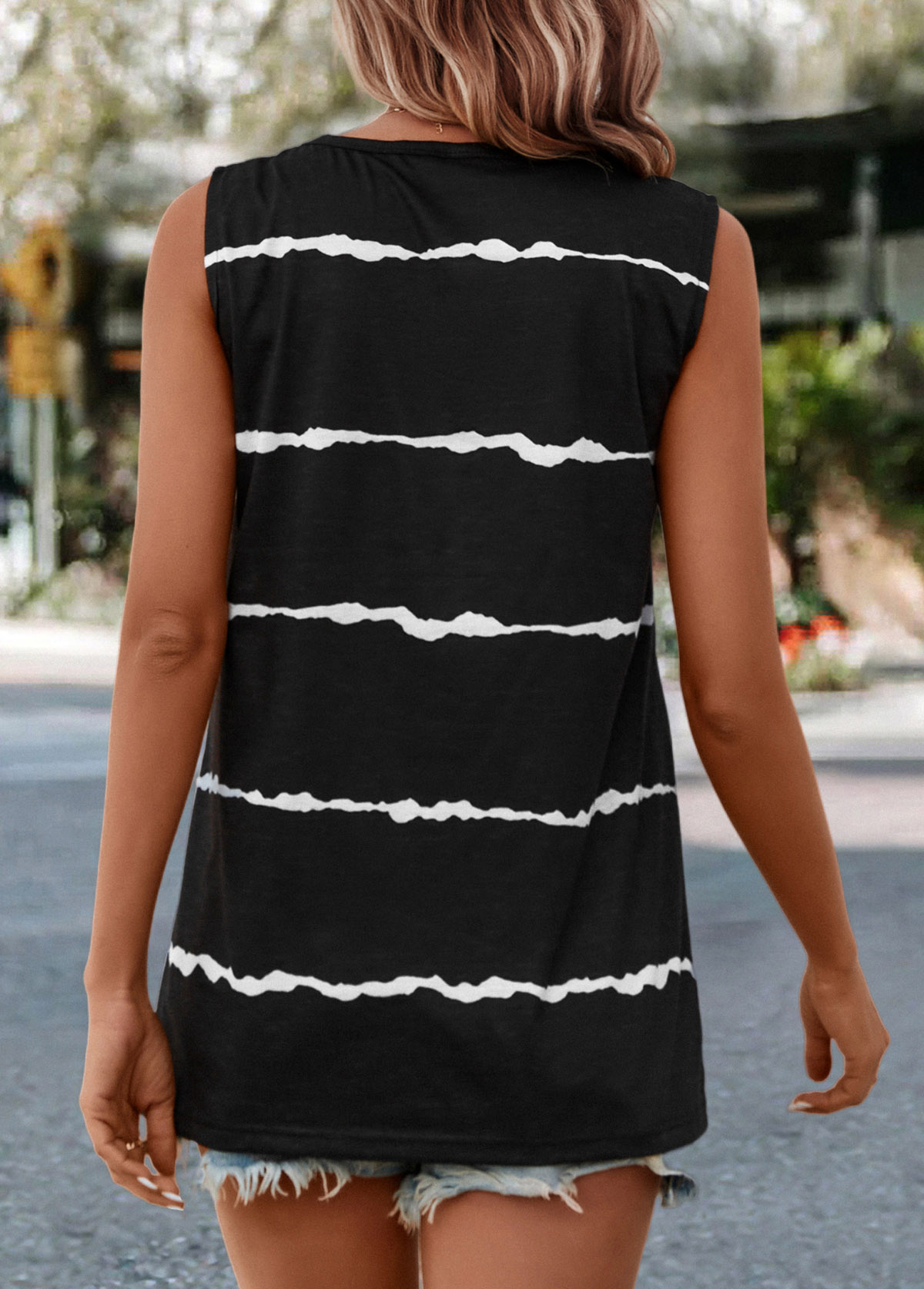 Black tops,Striped tops,Geometric tops,Striped Black V Neck Tank Top
