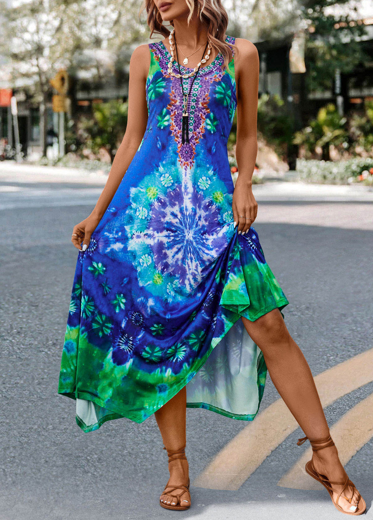 Blue dresses,Tie Dye dresses,Asymmetry Tie Dye Print Blue H Shape Dress