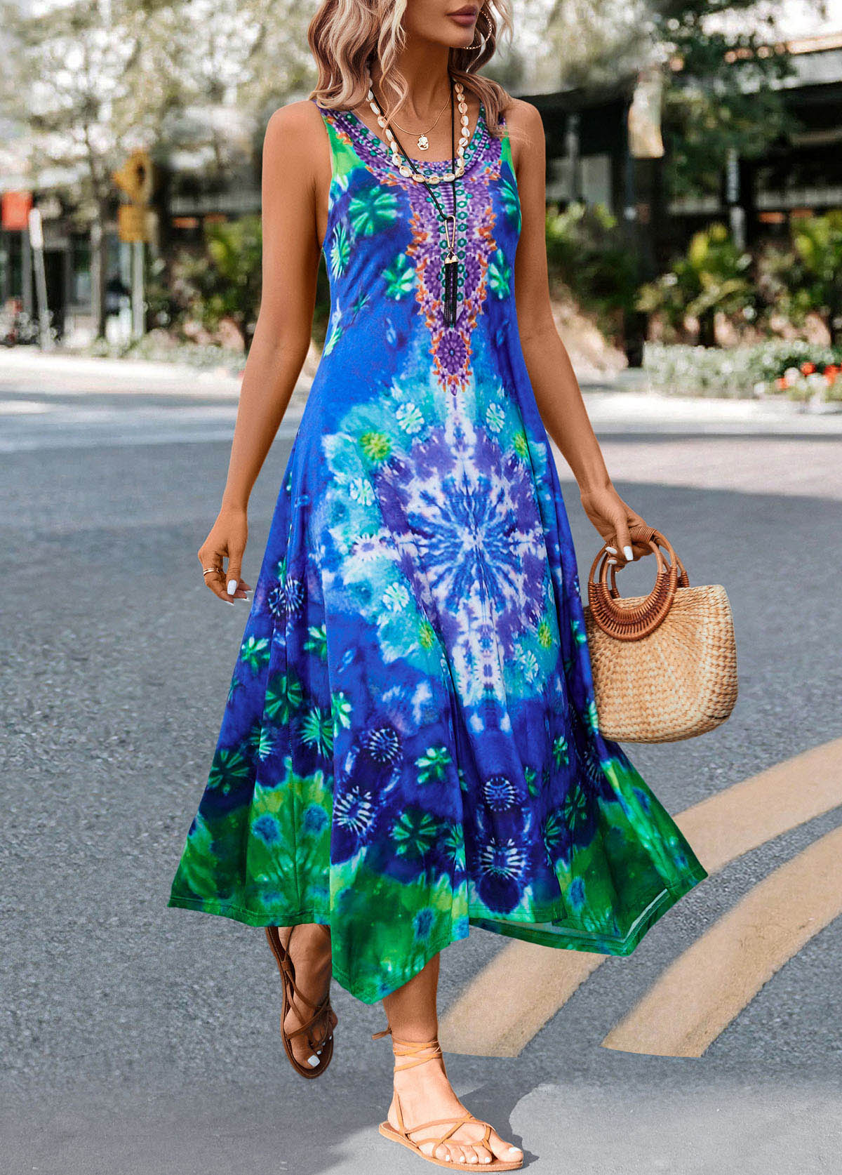 Blue dresses,Tie Dye dresses,Asymmetry Tie Dye Print Blue H Shape Dress