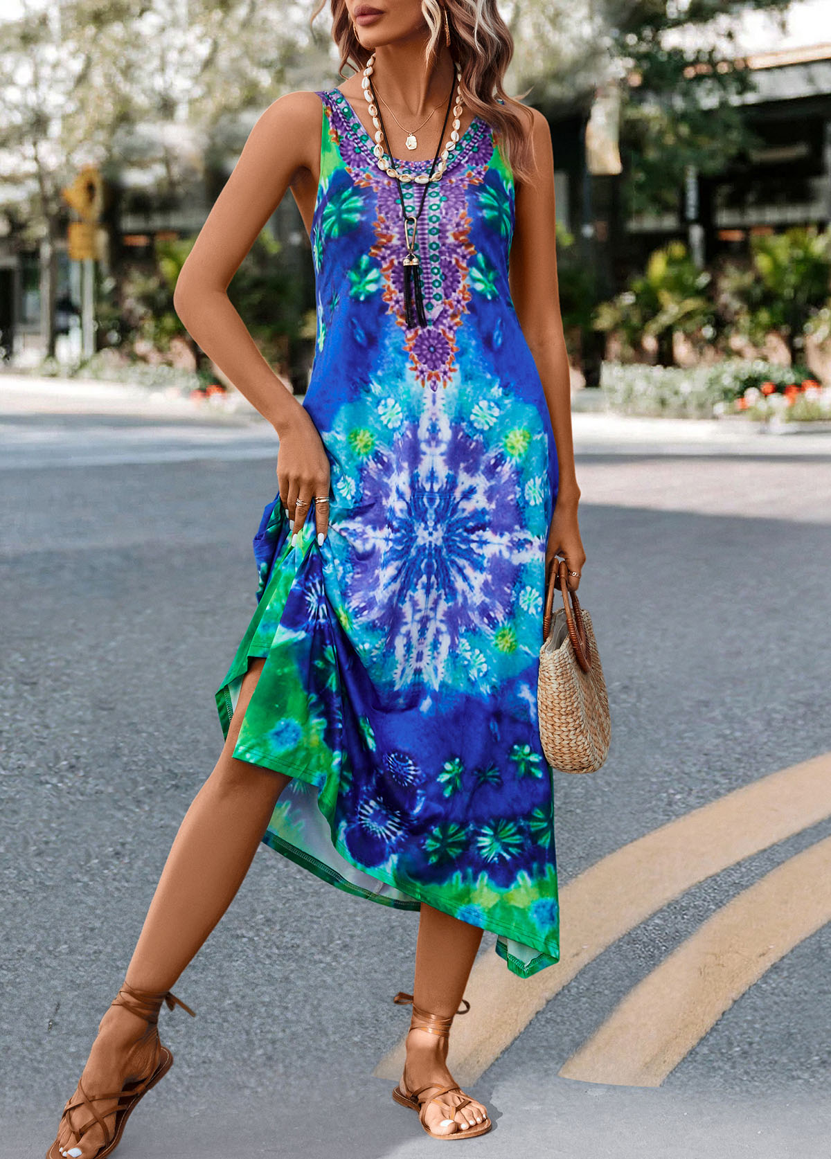 Blue dresses,Tie Dye dresses,Asymmetry Tie Dye Print Blue H Shape Dress