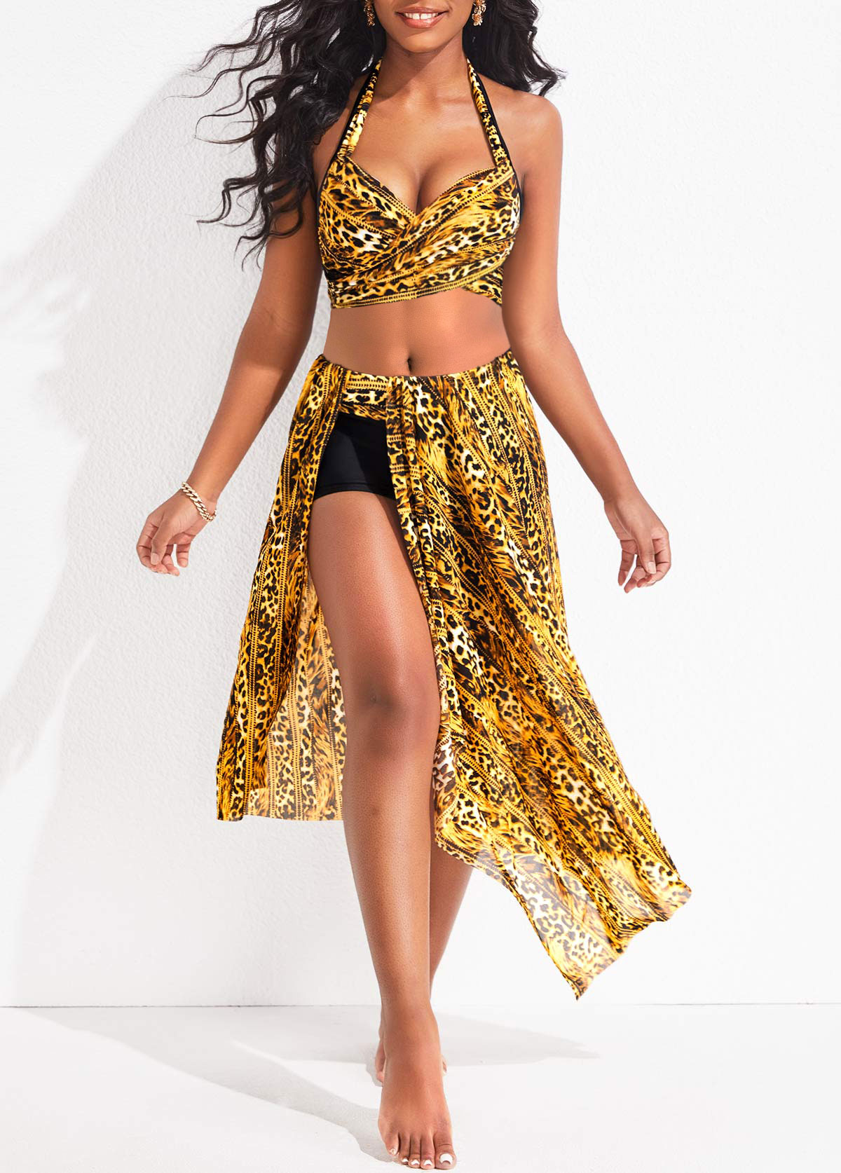 ROTITA Criss Cross Gold Leopard Bikini Set and Cover Up