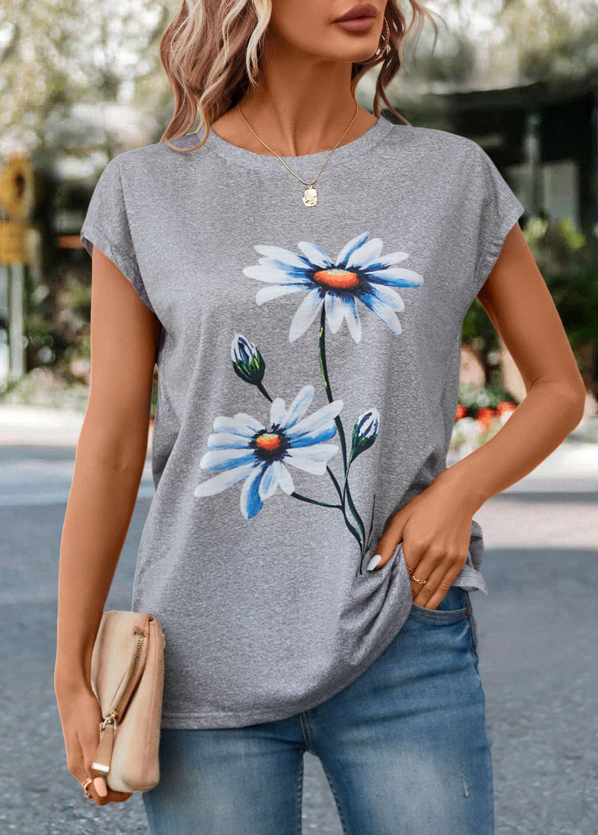 T-shirt gris clair chiné à imprimé fleuri