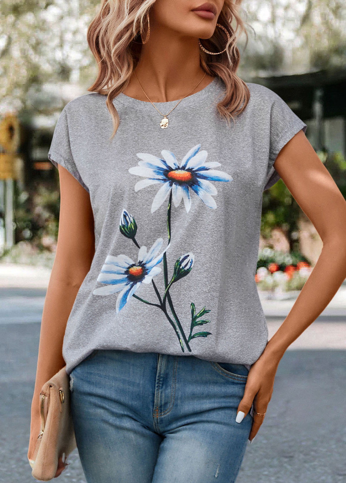 Light Grey Marl tops,Floral tops,Plants tops,Floral Print Light Grey Marl T Shirt