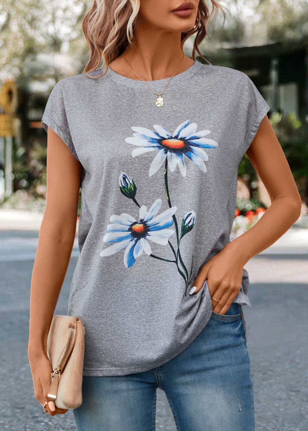 Light Grey Marl tops,Floral tops,Plants tops,Floral Print Light Grey Marl T Shirt