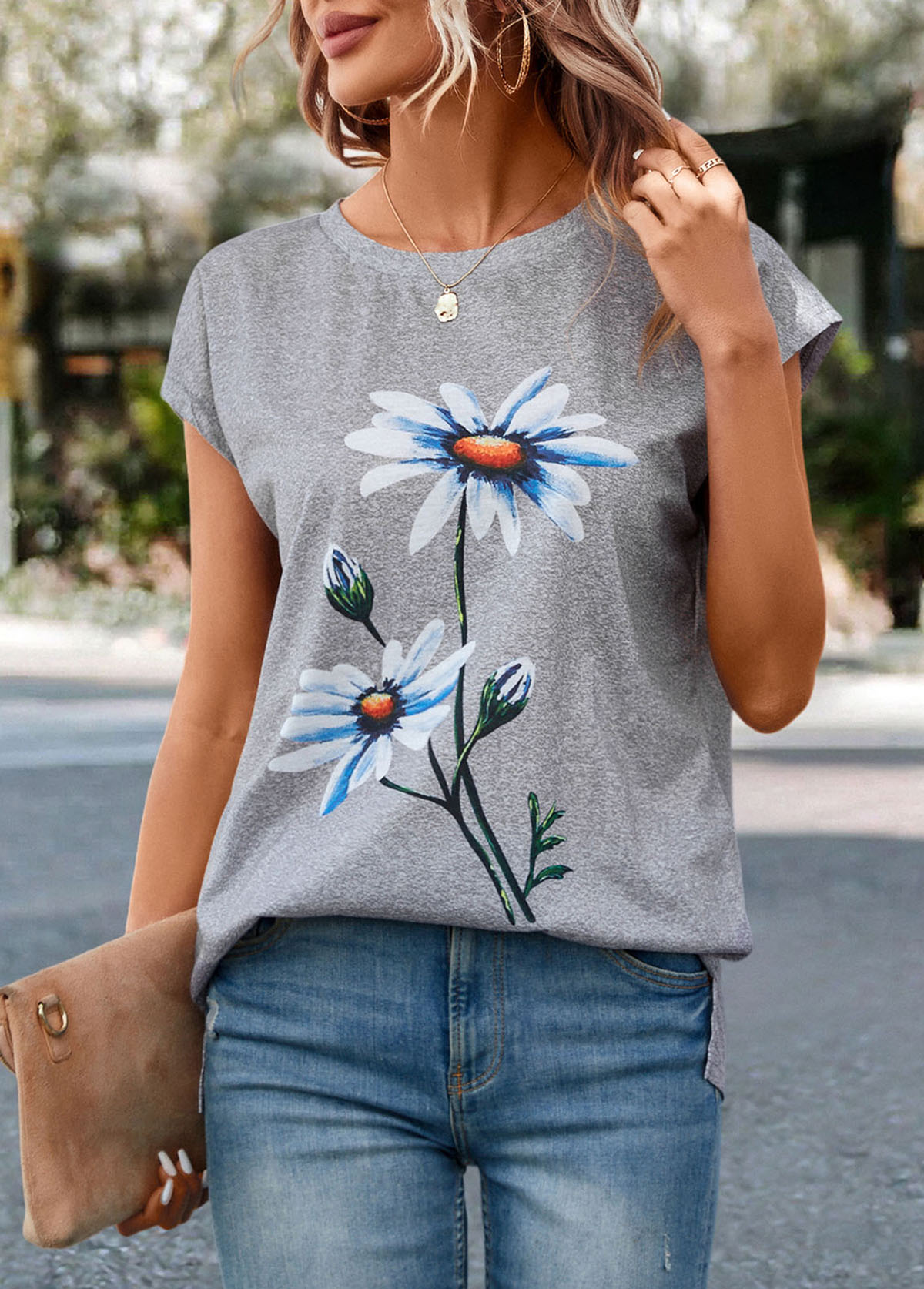 Light Grey Marl tops,Floral tops,Plants tops,Floral Print Light Grey Marl T Shirt