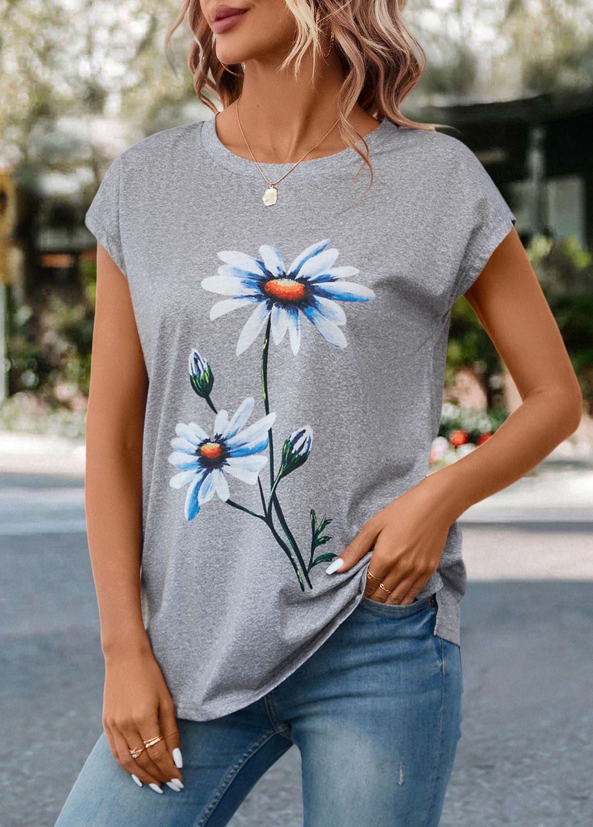 Light Grey Marl tops,Floral tops,Plants tops,Floral Print Light Grey Marl T Shirt