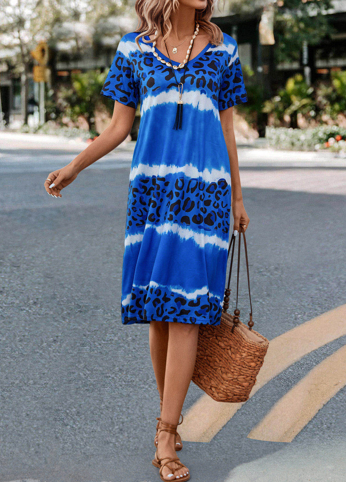 Blue dresses,Leopard dresses,Ombre dresses,Leopard Blue H Shape V Neck Dress