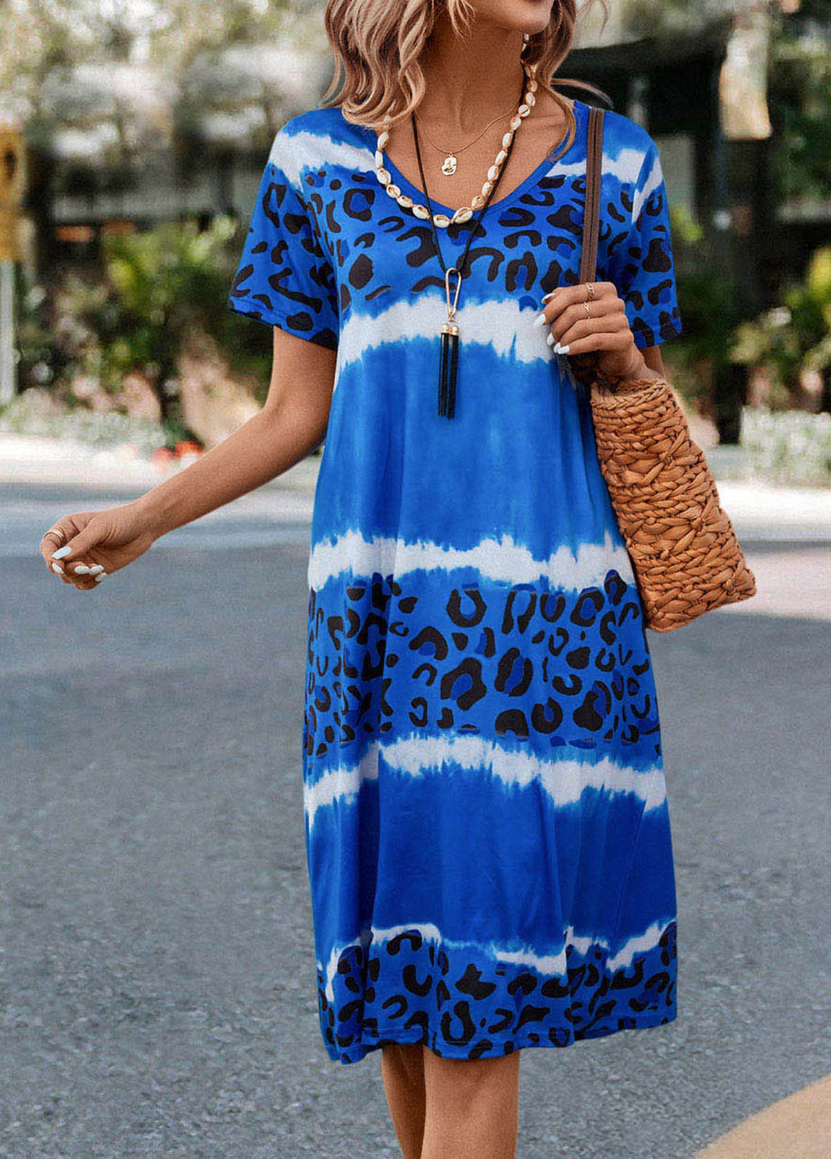 Blue dresses,Leopard dresses,Ombre dresses,Leopard Blue H Shape V Neck Dress