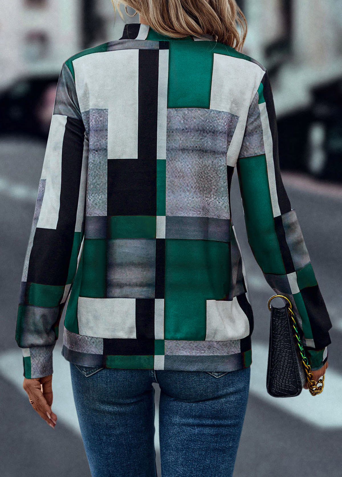 Turquoise tops,Geometric tops,Zipper Geometric Print Turquoise Turn Down Collar Sweatshirt