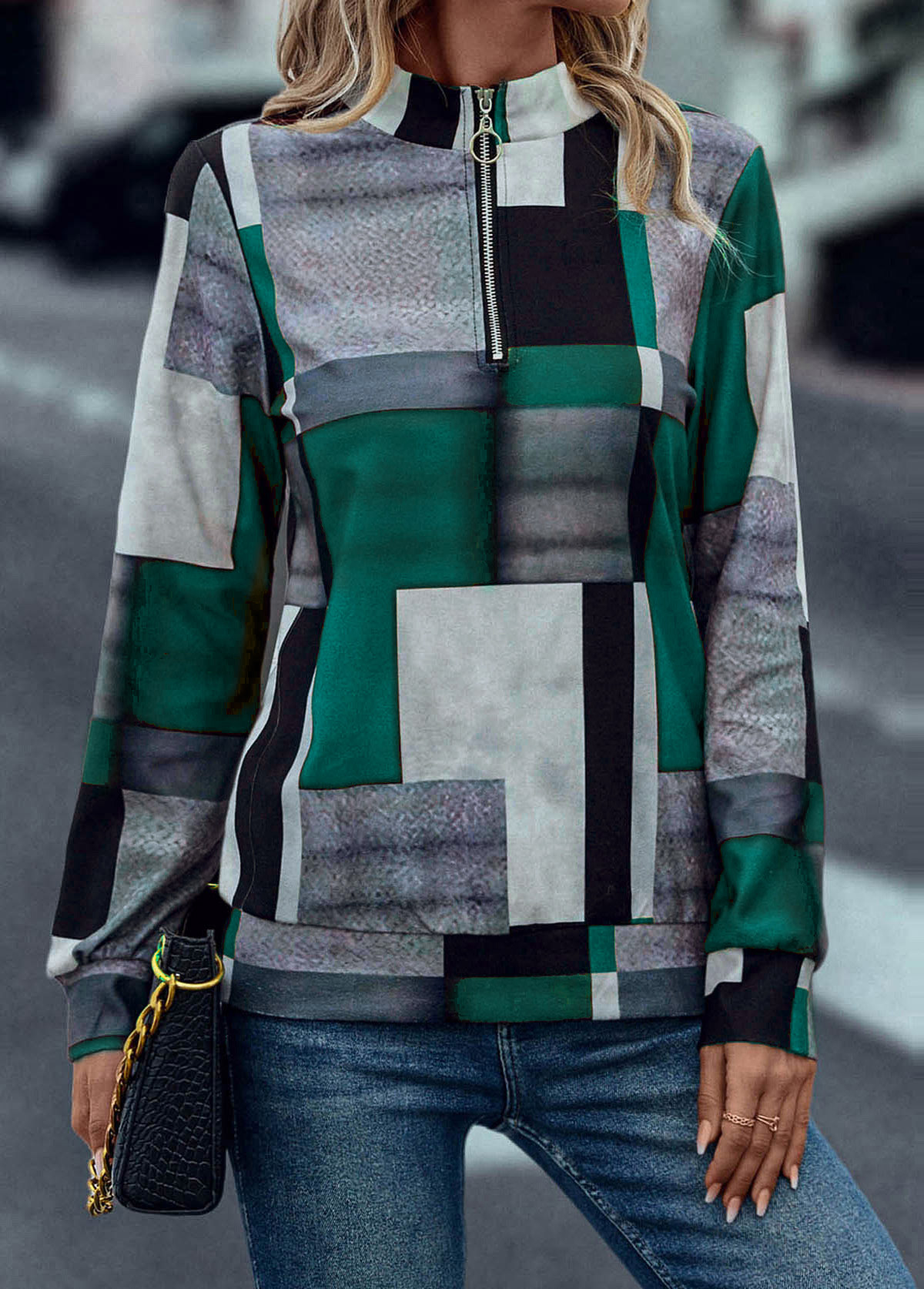 Turquoise tops,Geometric tops,Zipper Geometric Print Turquoise Turn Down Collar Sweatshirt