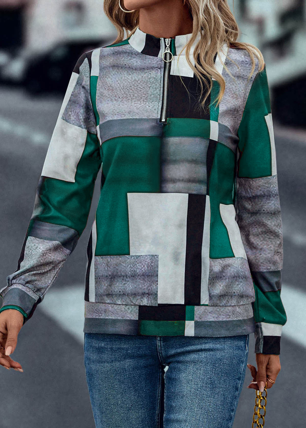 Turquoise tops,Geometric tops,Zipper Geometric Print Turquoise Turn Down Collar Sweatshirt