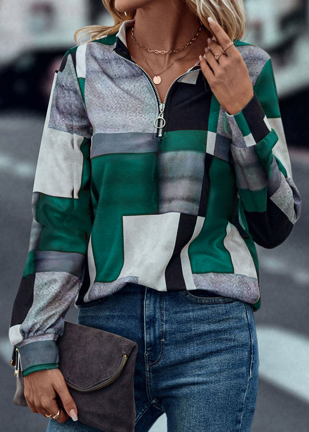 Turquoise tops,Geometric tops,Zipper Geometric Print Turquoise Turn Down Collar Sweatshirt