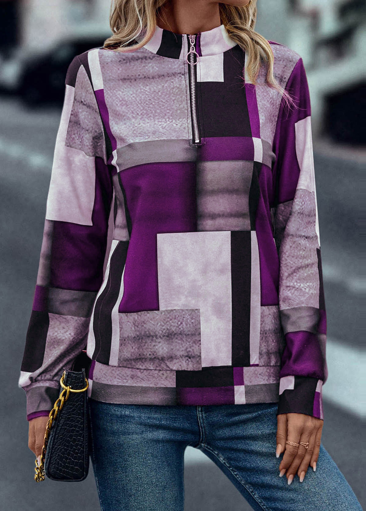 Zipper Geometric Print Purple Turn Down Collar Sweatshirt