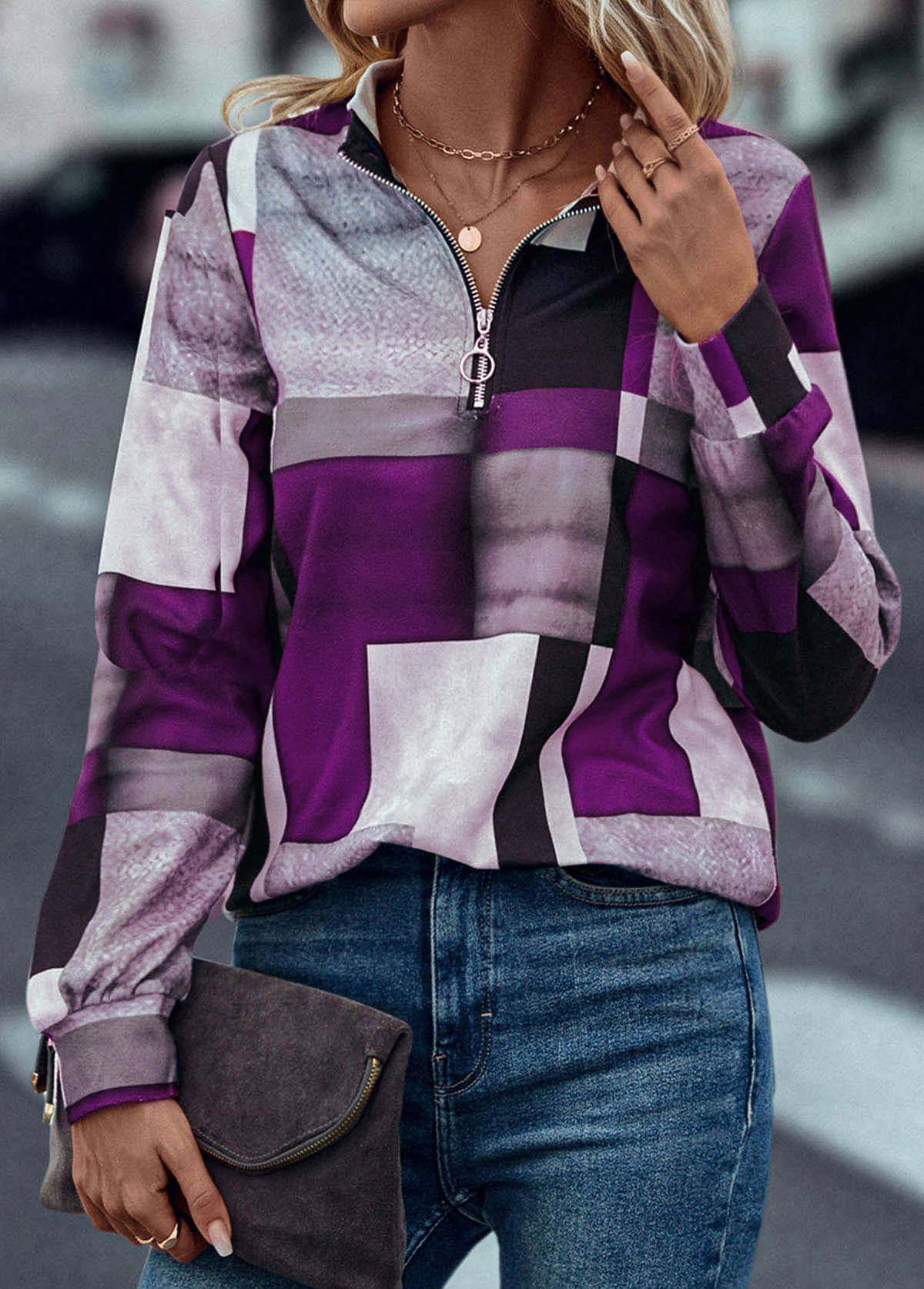 Purple tops,Geometric tops,Zipper Geometric Print Purple Turn Down Collar Sweatshirt