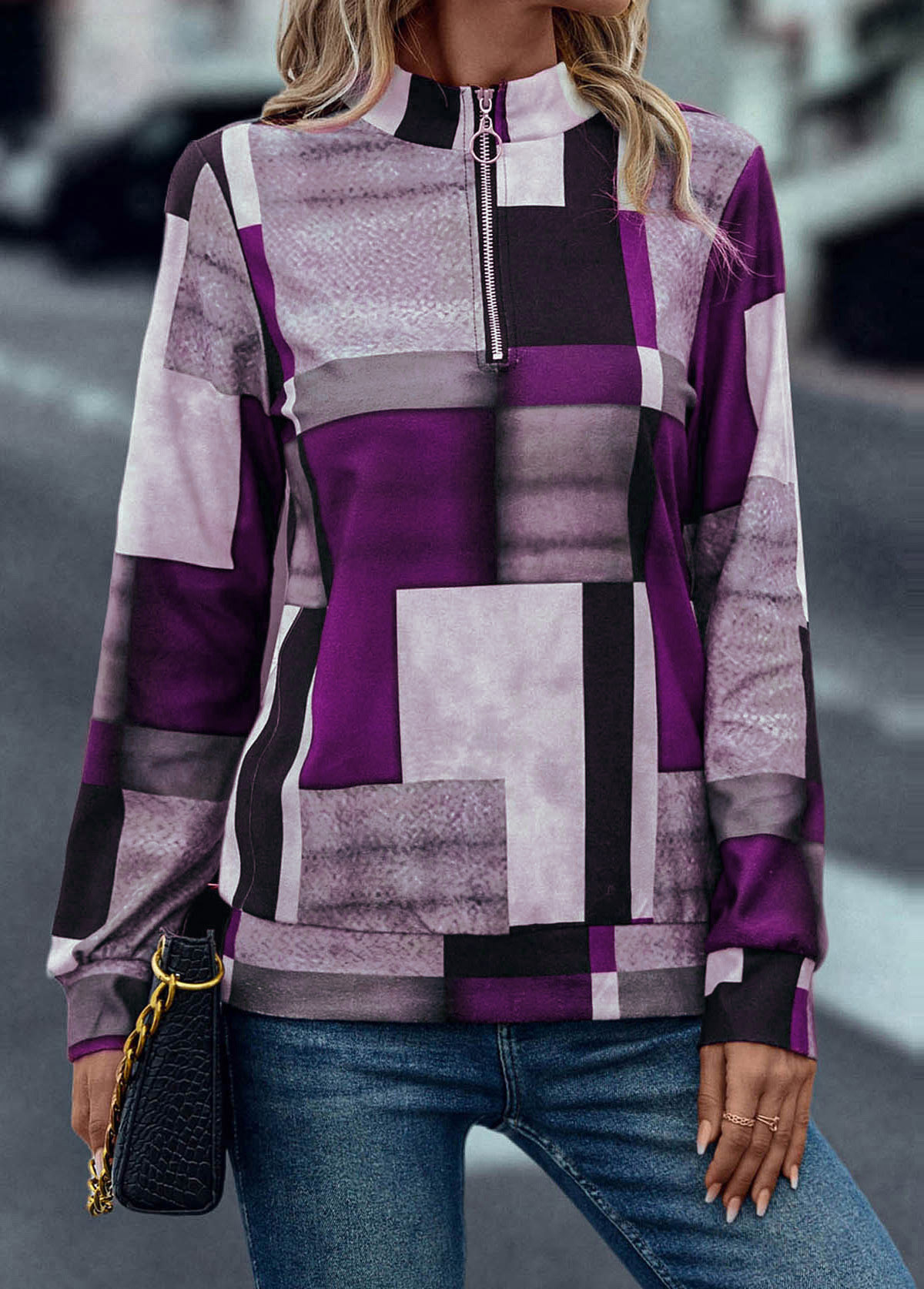 Purple tops,Geometric tops,Zipper Geometric Print Purple Turn Down Collar Sweatshirt