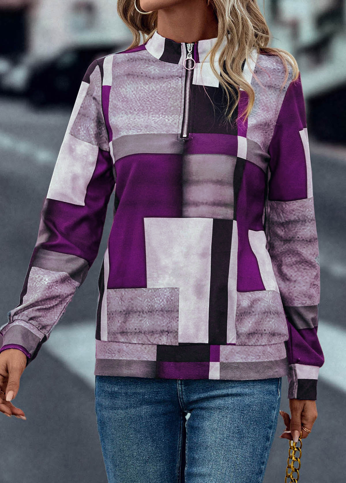 Purple tops,Geometric tops,Zipper Geometric Print Purple Turn Down Collar Sweatshirt