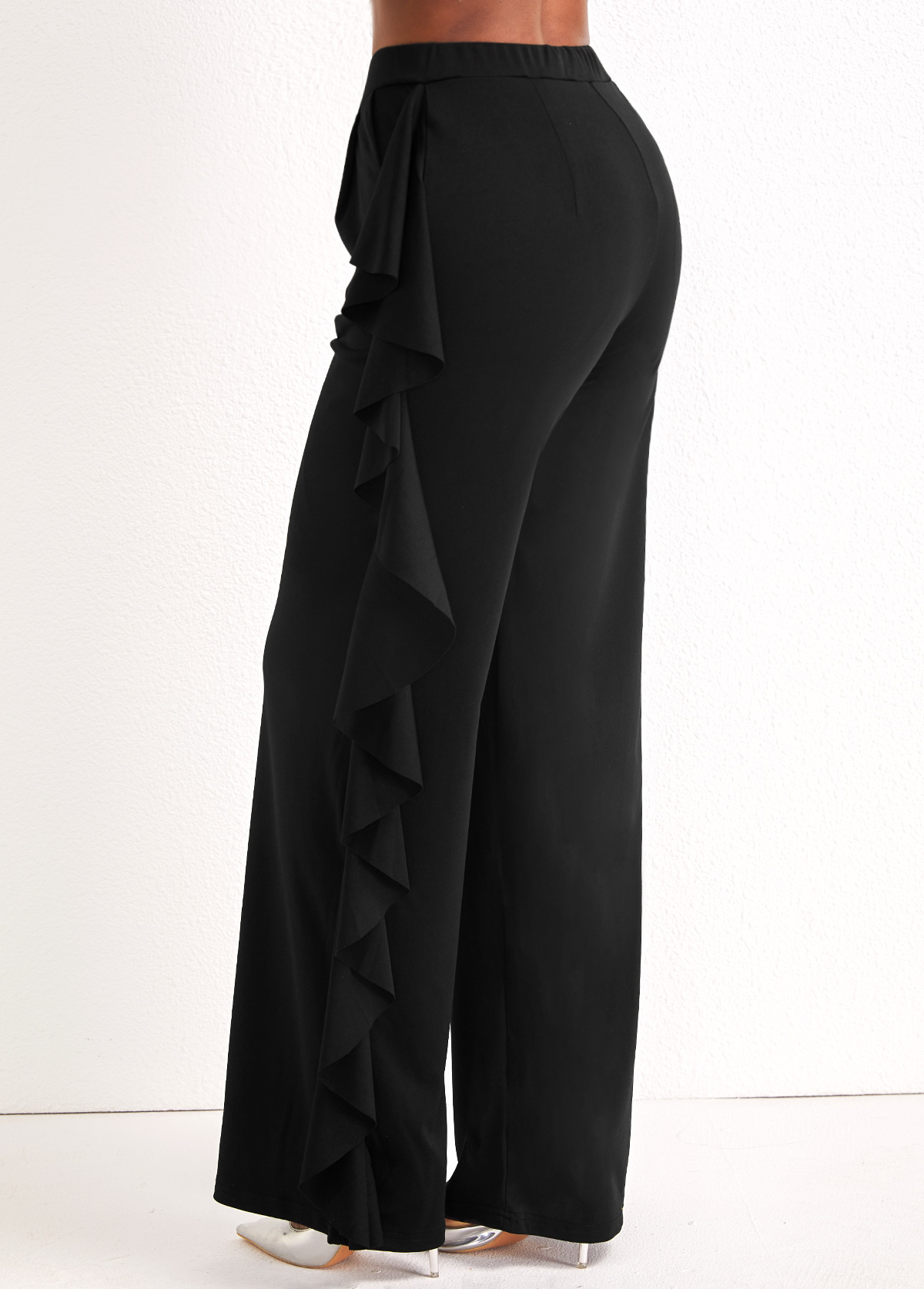 Black bottoms,Plain Color bottoms,Black Wide Leg Ruffle High Waisted Pants