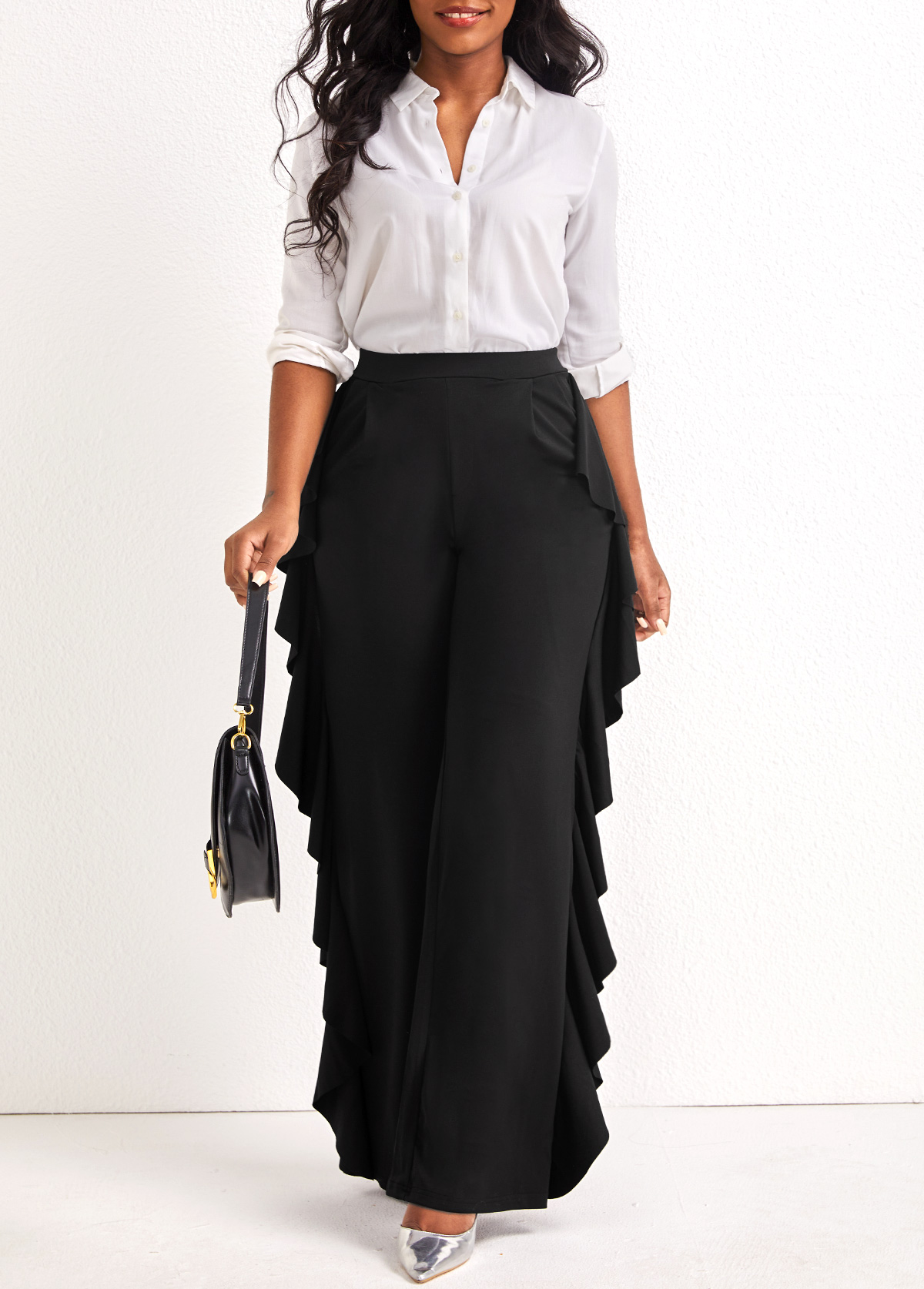 Black bottoms,Plain Color bottoms,Black Wide Leg Ruffle High Waisted Pants