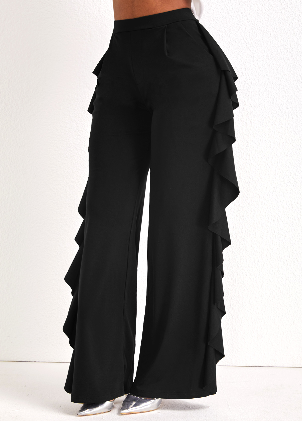 Black bottoms,Plain Color bottoms,Black Wide Leg Ruffle High Waisted Pants