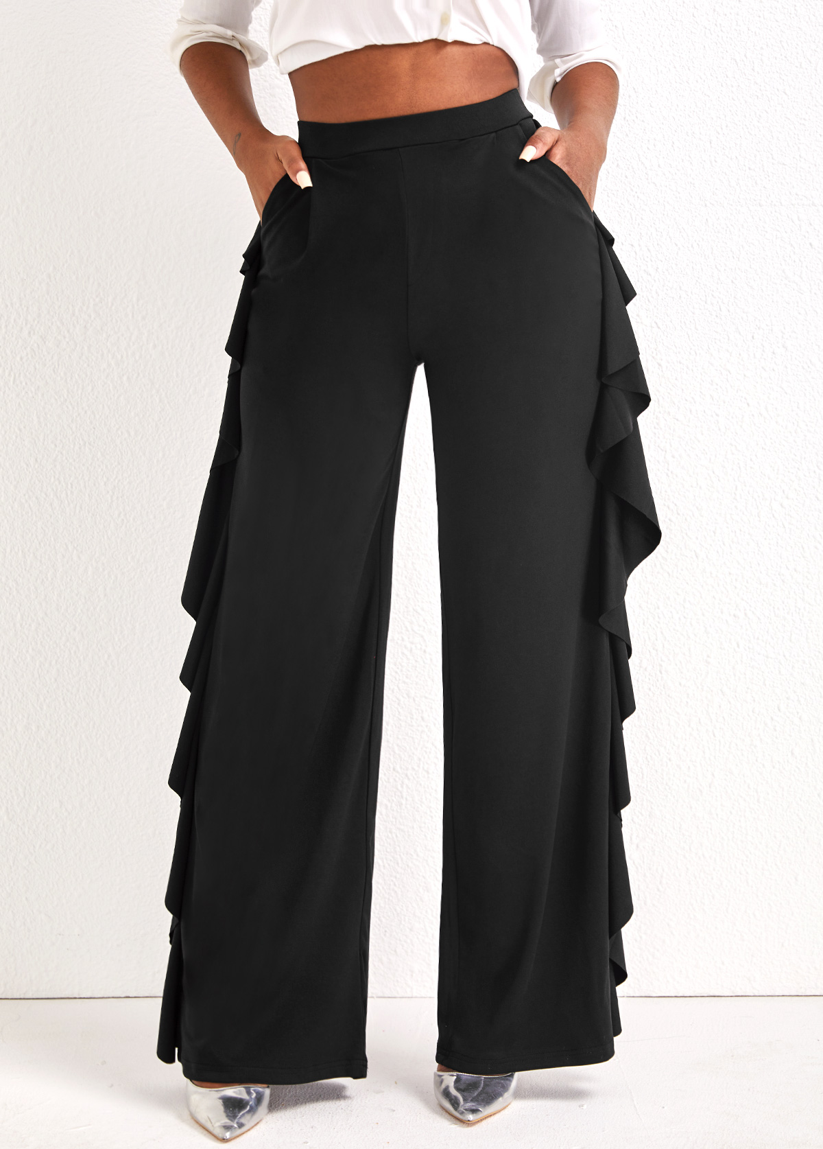 Black bottoms,Plain Color bottoms,Black Wide Leg Ruffle High Waisted Pants