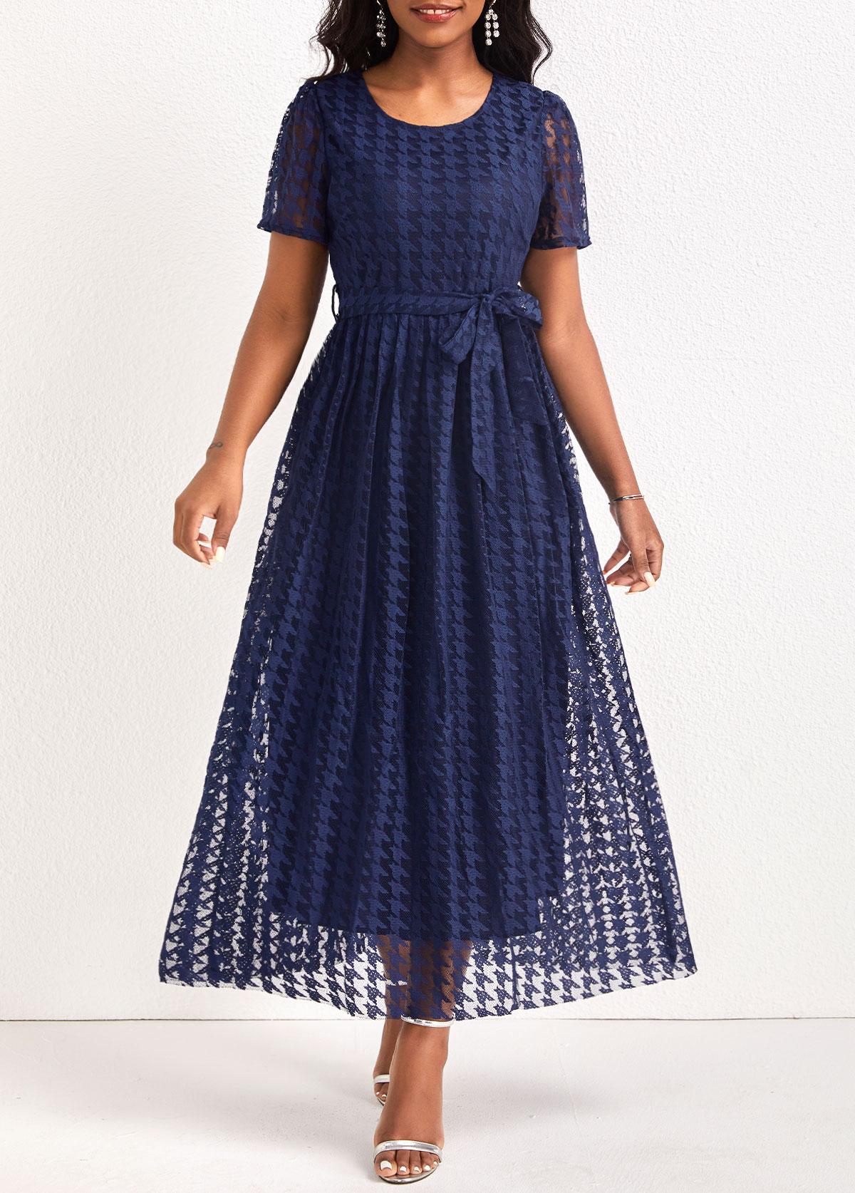 Navy dresses,Plain Color dresses,ROTITA Mesh Navy Belted Round Neck Maxi Dress