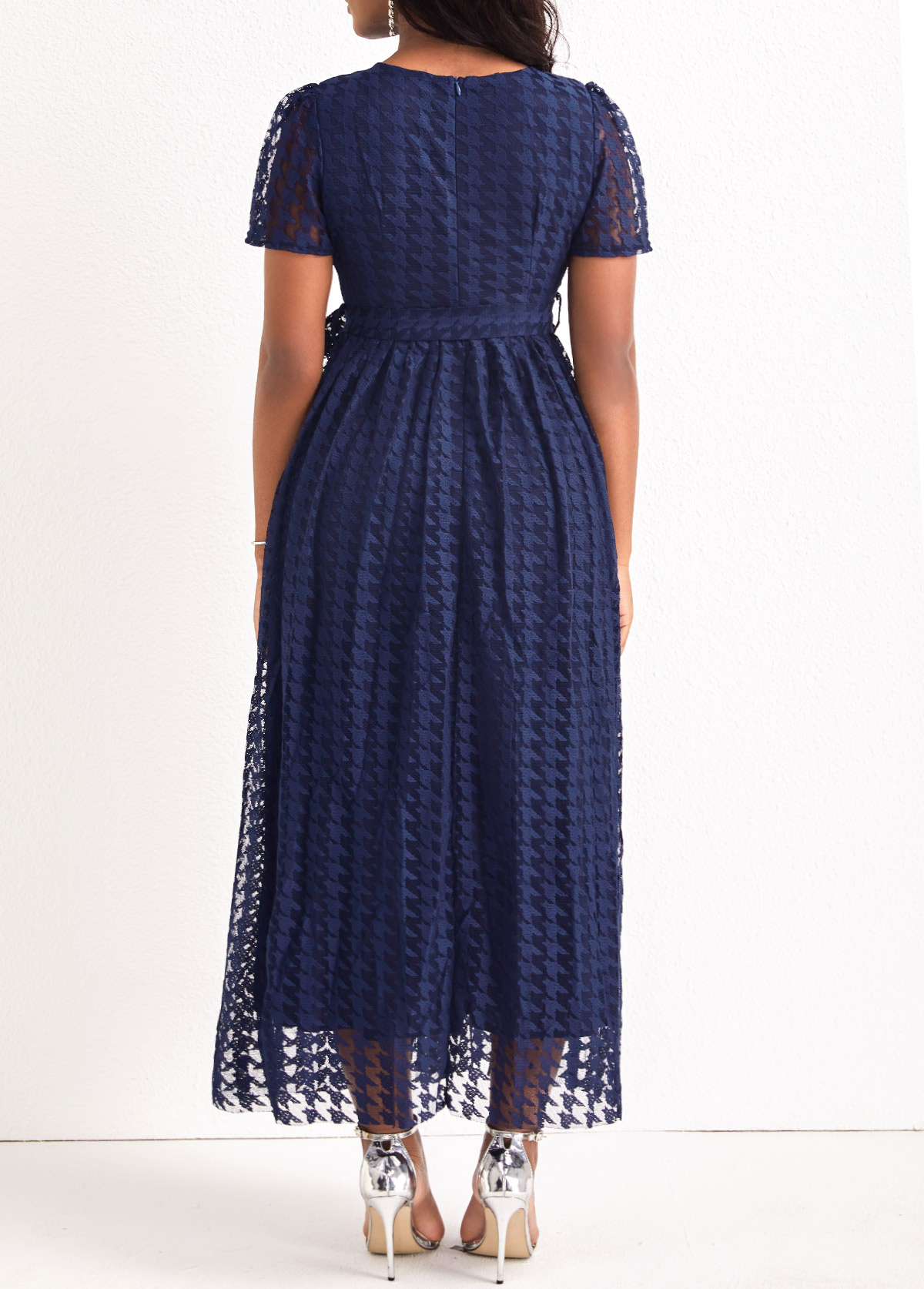 Navy dresses,Plain Color dresses,ROTITA Mesh Navy Belted Round Neck Maxi Dress
