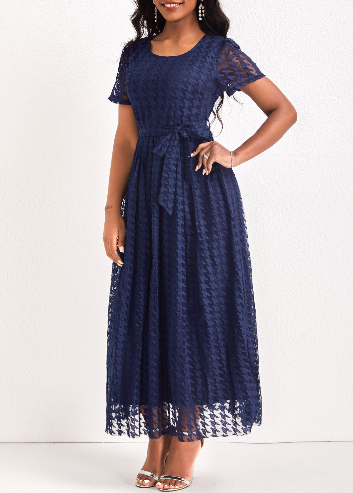 Navy dresses,Plain Color dresses,ROTITA Mesh Navy Belted Round Neck Maxi Dress