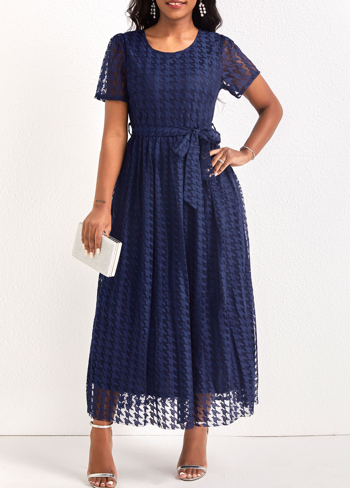 Navy dresses,Plain Color dresses,ROTITA Mesh Navy Belted Round Neck Maxi Dress