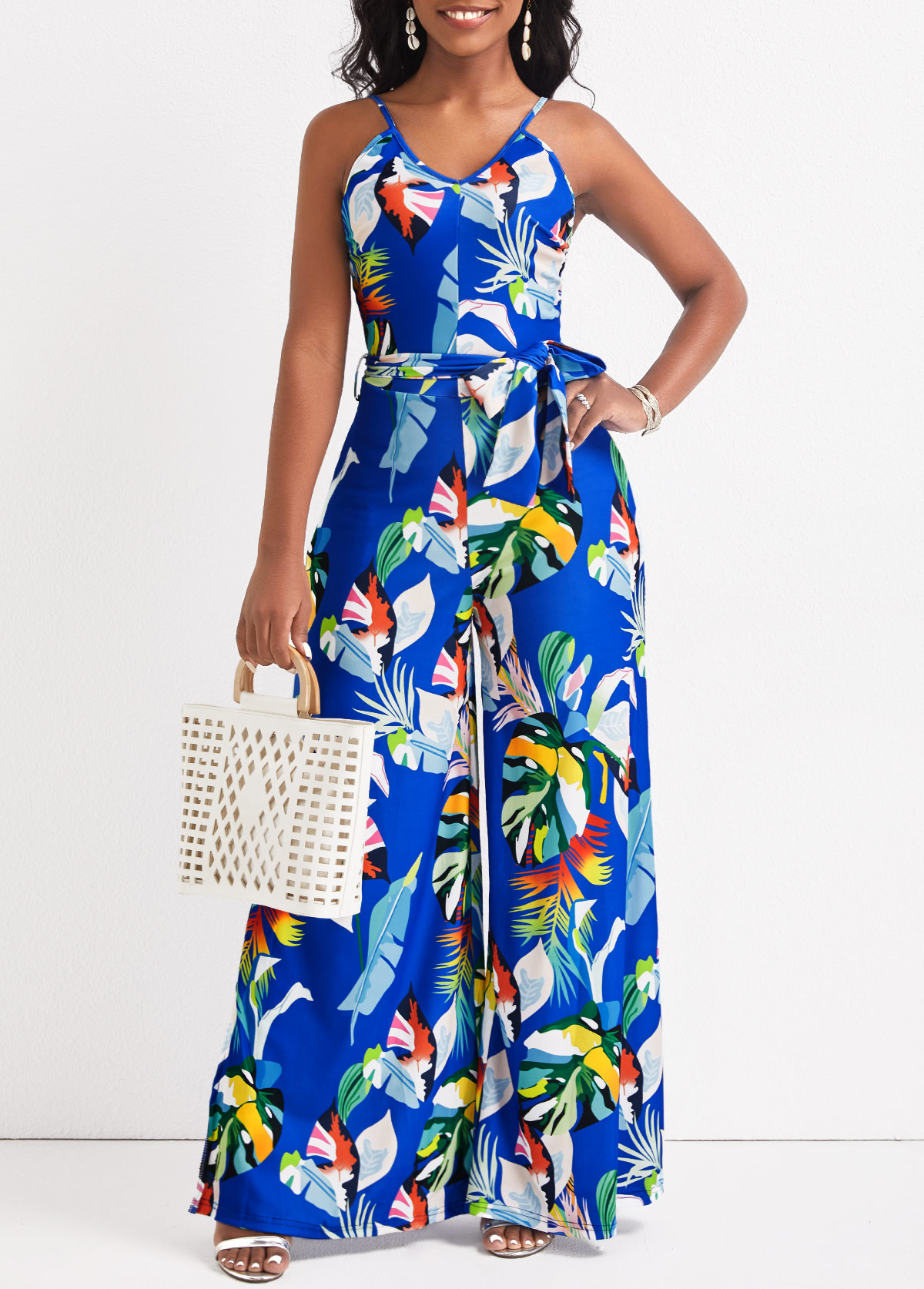 Royal Blue jumpsuits & rompers,Plants jumpsuits & rompers,Split Leaf Print Royal Blue Belted Jumpsuit