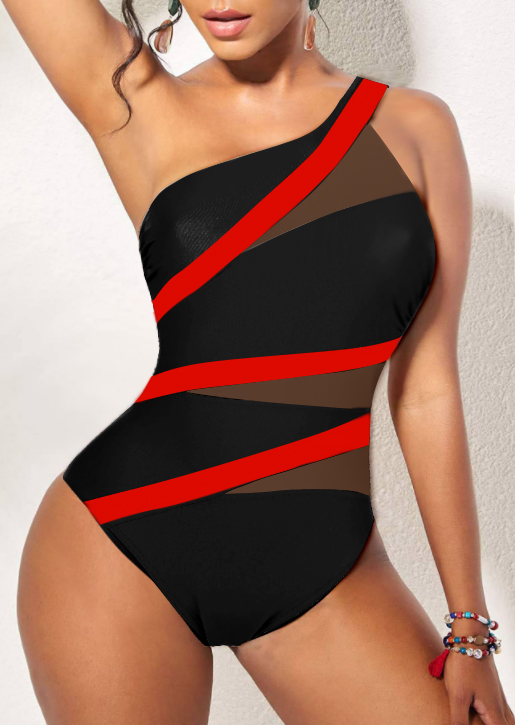 ROTITA Asymmetry Contrast Black One Piece Swimwear