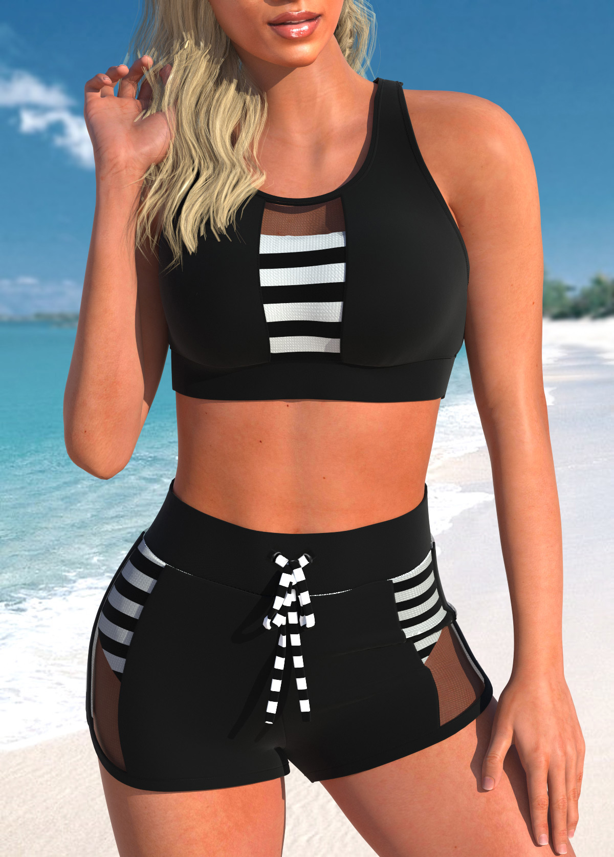 Black swimwear,Striped swimwear,ROTITA Mesh Black Striped Cutout Bikini Top