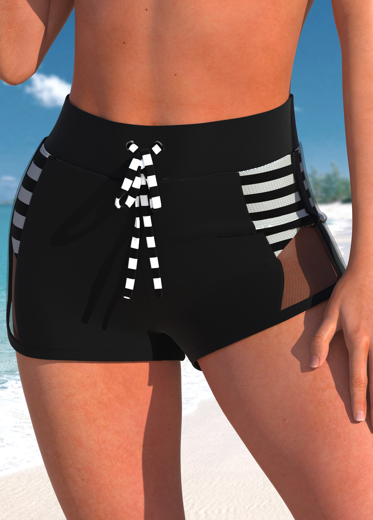 Black swimwear,Striped swimwear,ROTITA Mesh Black Striped Cutout Bikini Top