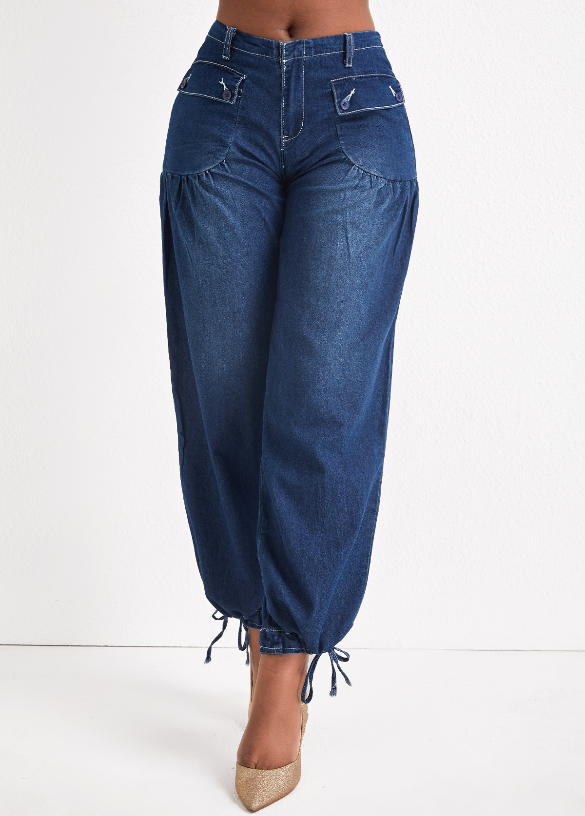 Dark Blue bottoms,Plain Color bottoms,Pocket Dark Blue Zipper Fly Jogger Jeans