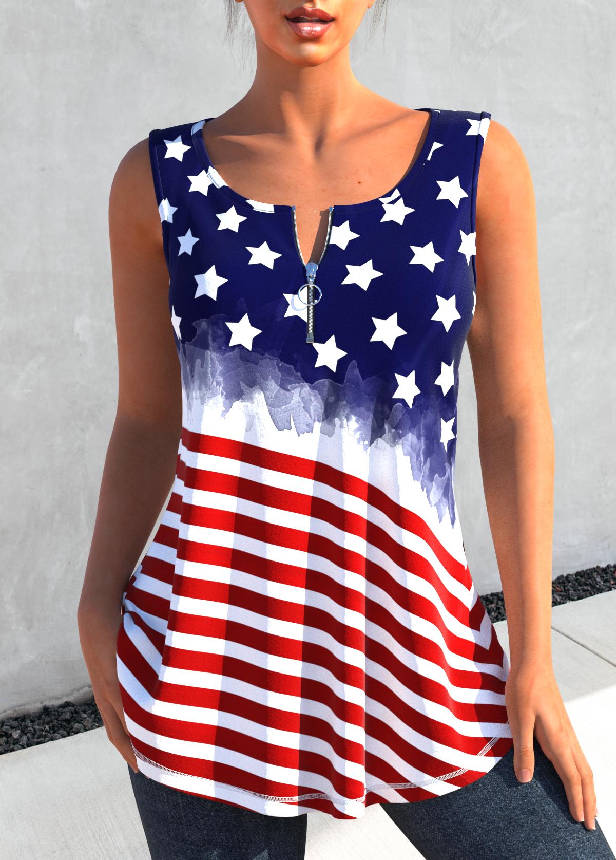 ROTITA Zipper American Flag Print Navy Tank Top