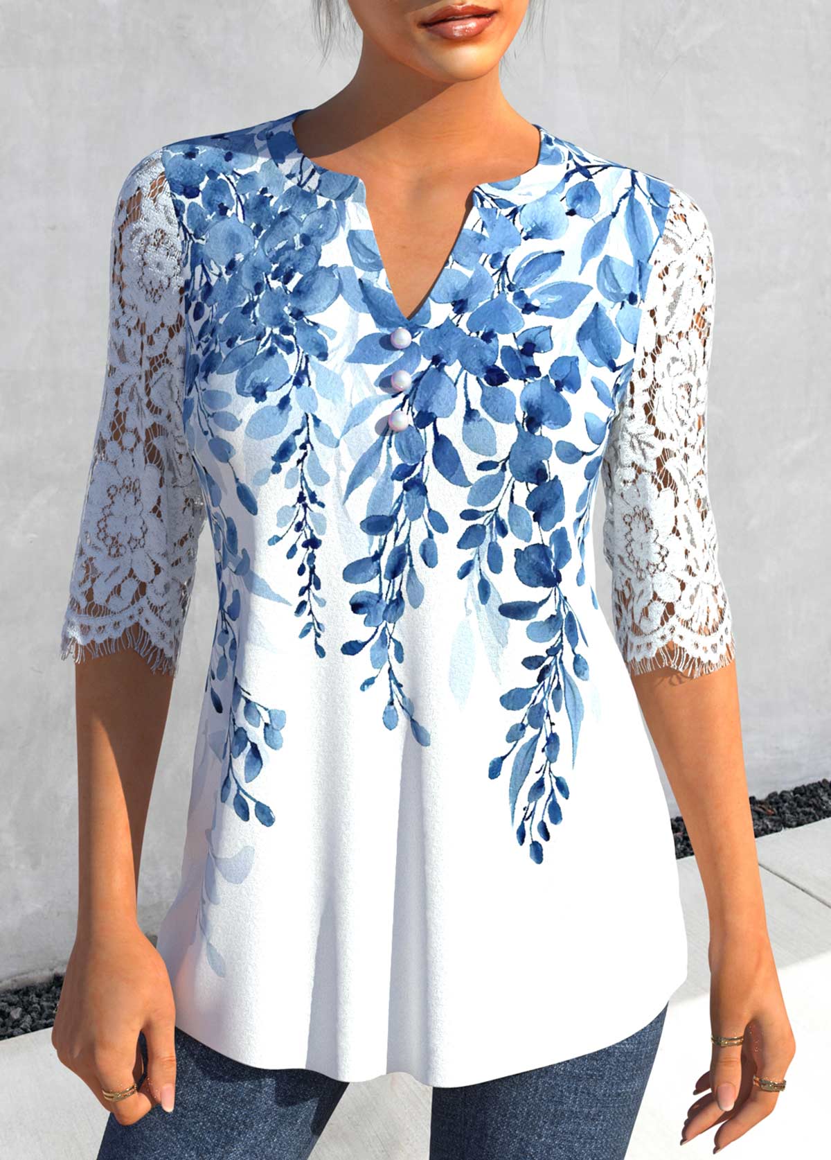 Light Blue tops,White tops,Plants tops,ROTITA Split Leaf Print Light Blue Half Sleeve Blouse