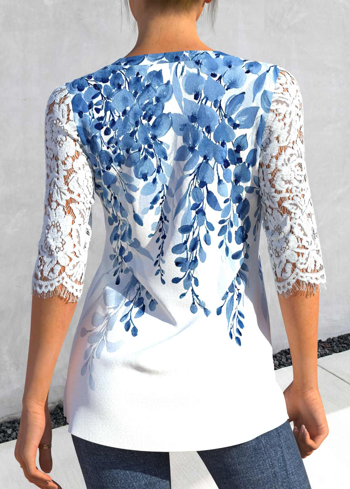 Light Blue tops,White tops,Plants tops,ROTITA Split Leaf Print Light Blue Half Sleeve Blouse
