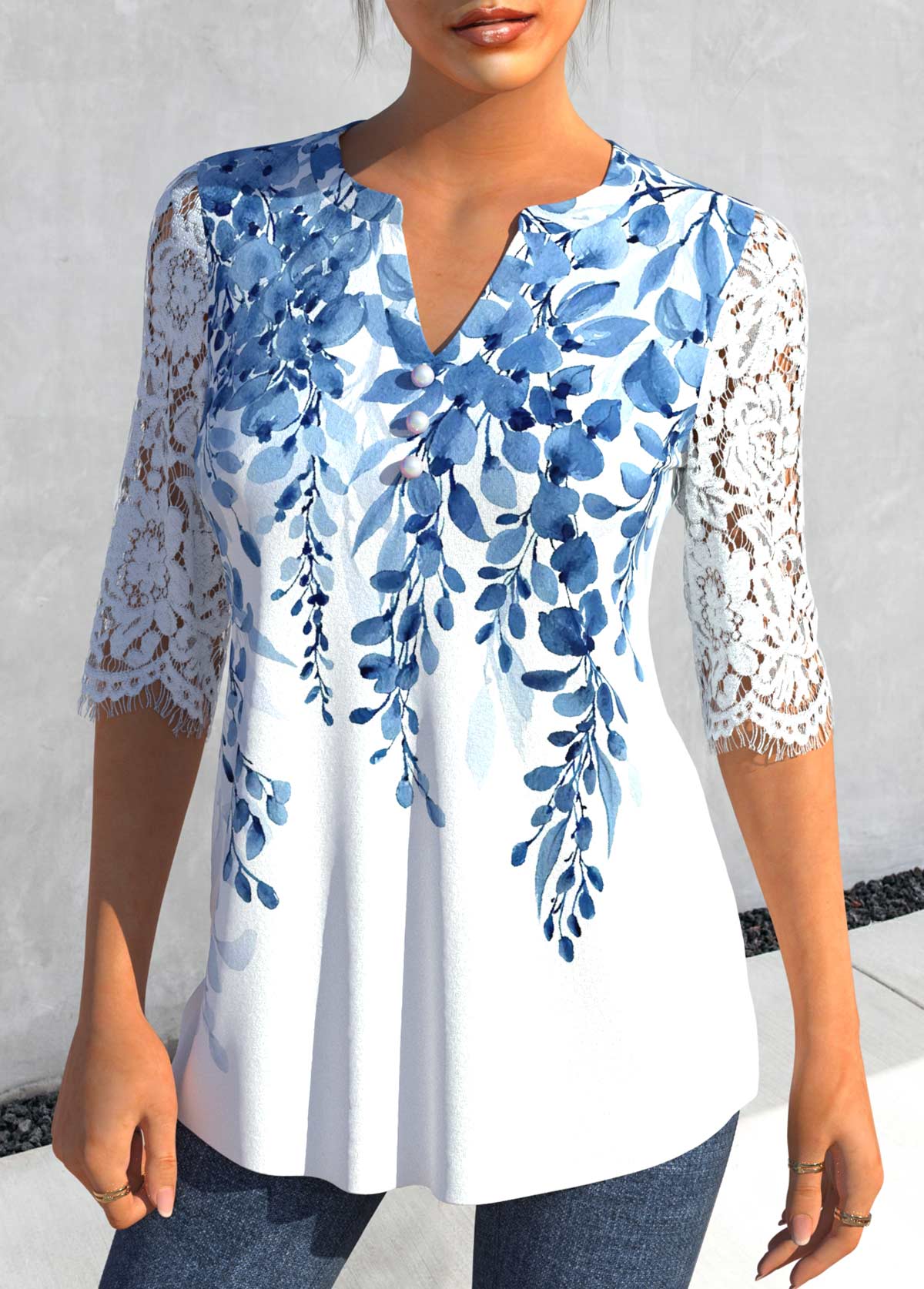 Light Blue tops,White tops,Plants tops,ROTITA Split Leaf Print Light Blue Half Sleeve Blouse
