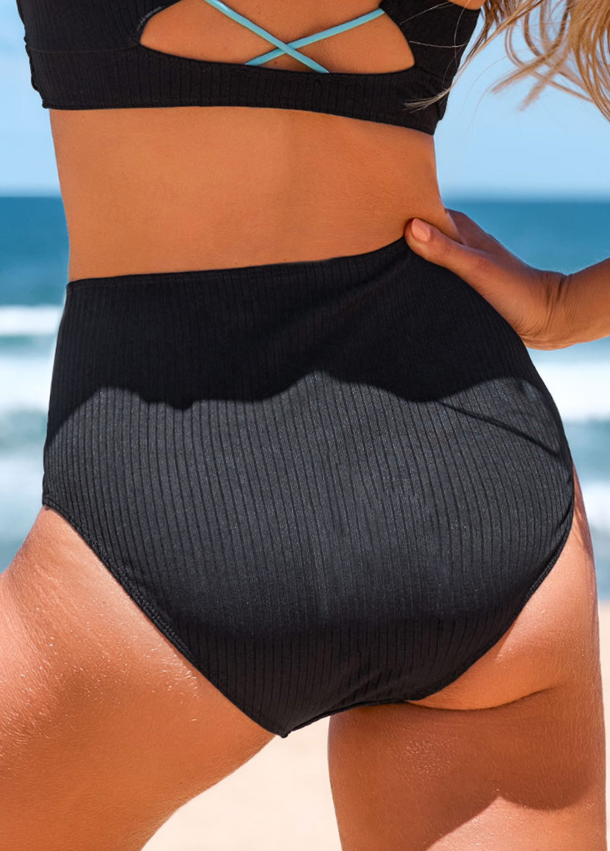 Black swimwear,Plain Color swimwear,ROTITA Criss Cross Wide Strap Black Bikini Top