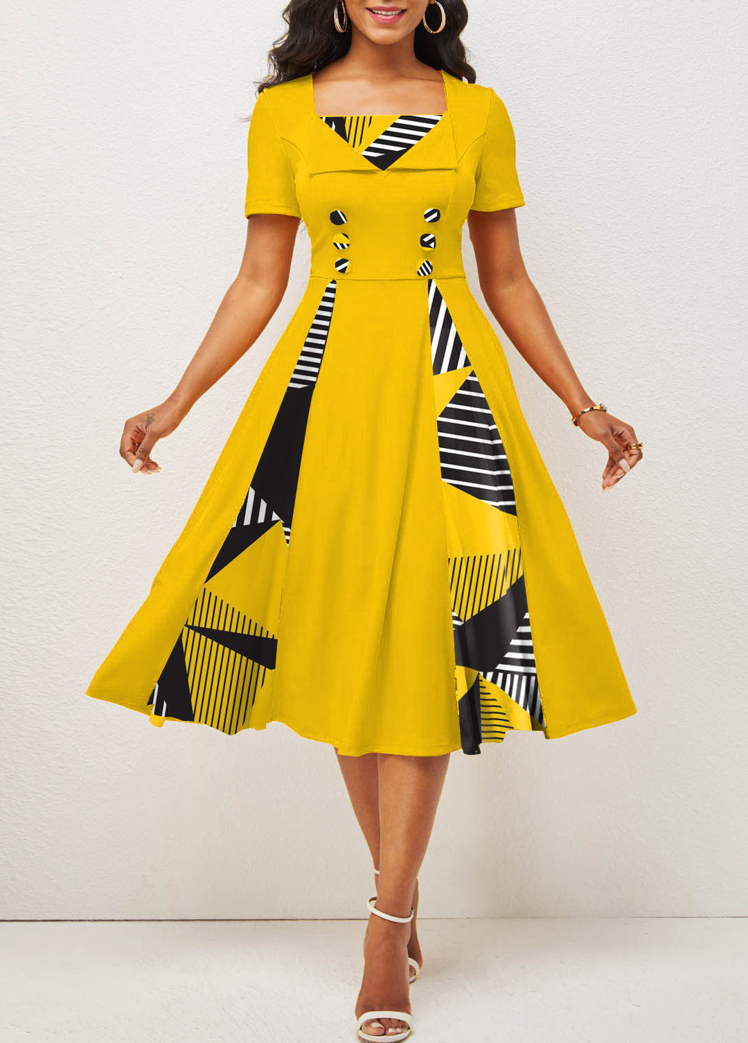 ROTITA Button Geometric Print Yellow Square Neck Dress