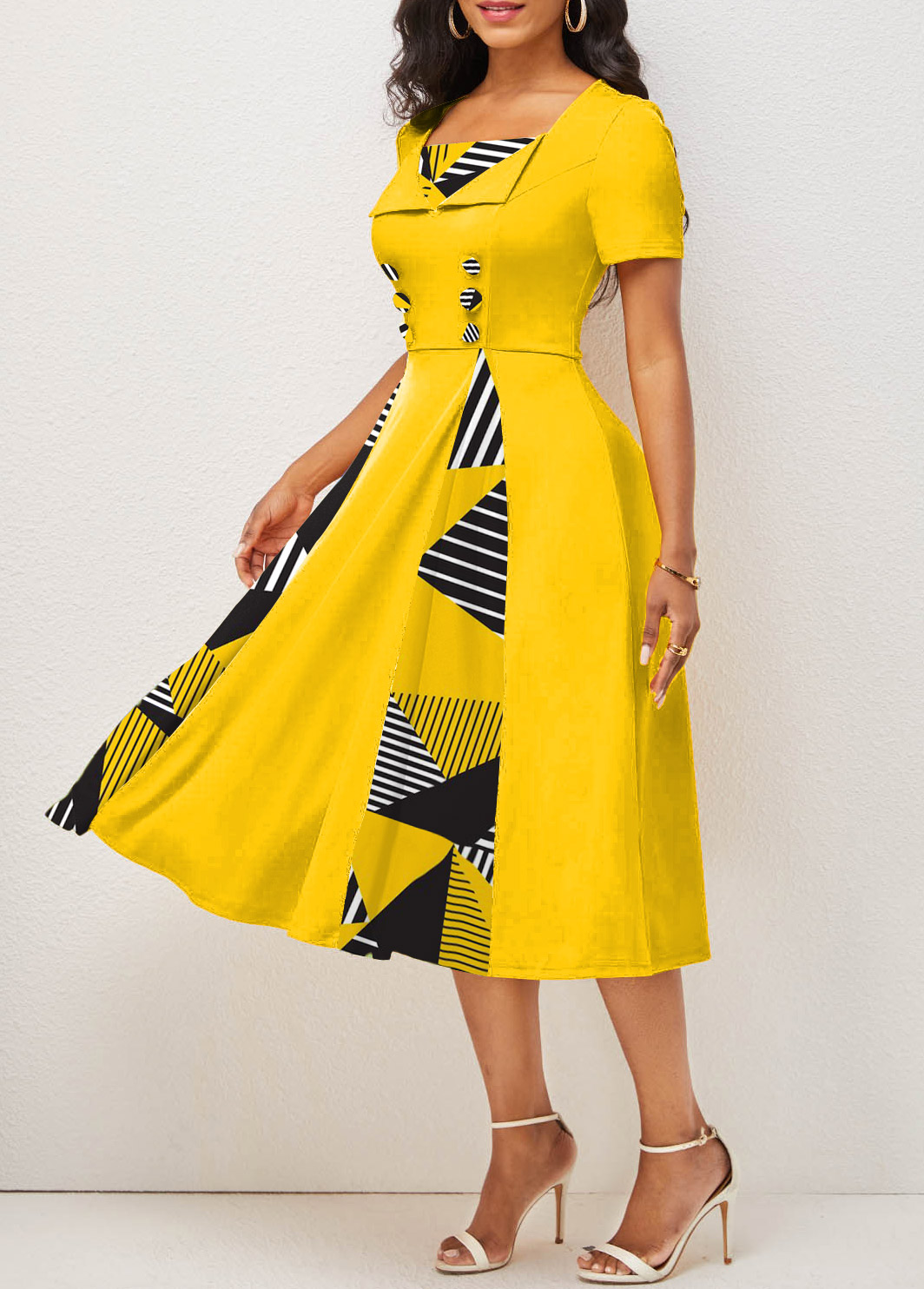 Yellow dresses,Geometric dresses,Striped dresses,ROTITA Button Geometric Print Yellow Square Neck Dress