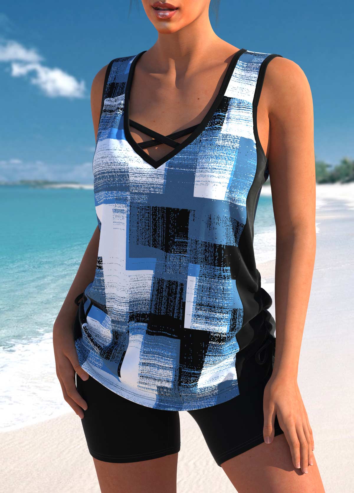 Denim Blue swimwear,Geometric swimwear,ROTITA Criss Cross Denim Blue Geometric Print Tankini Top