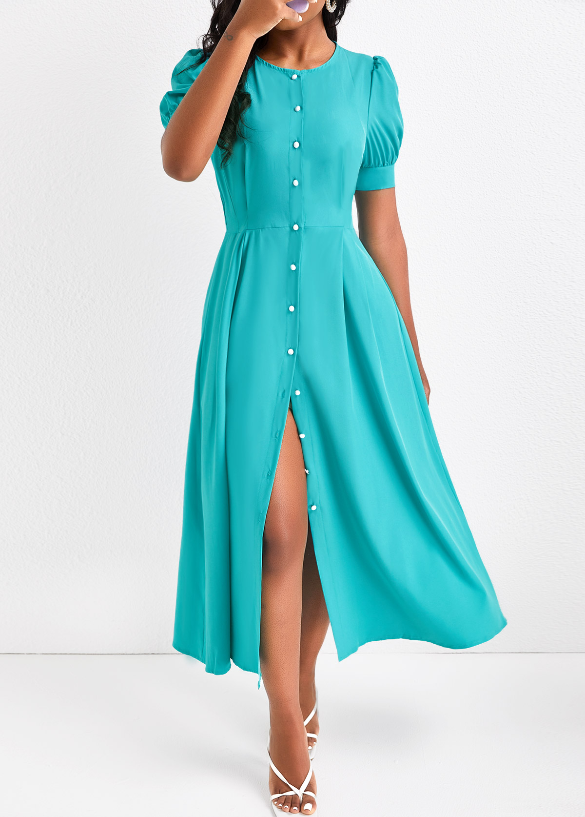 Cyan dresses,Plain Color dresses,Button Cyan Round Neck Short Sleeve Dress