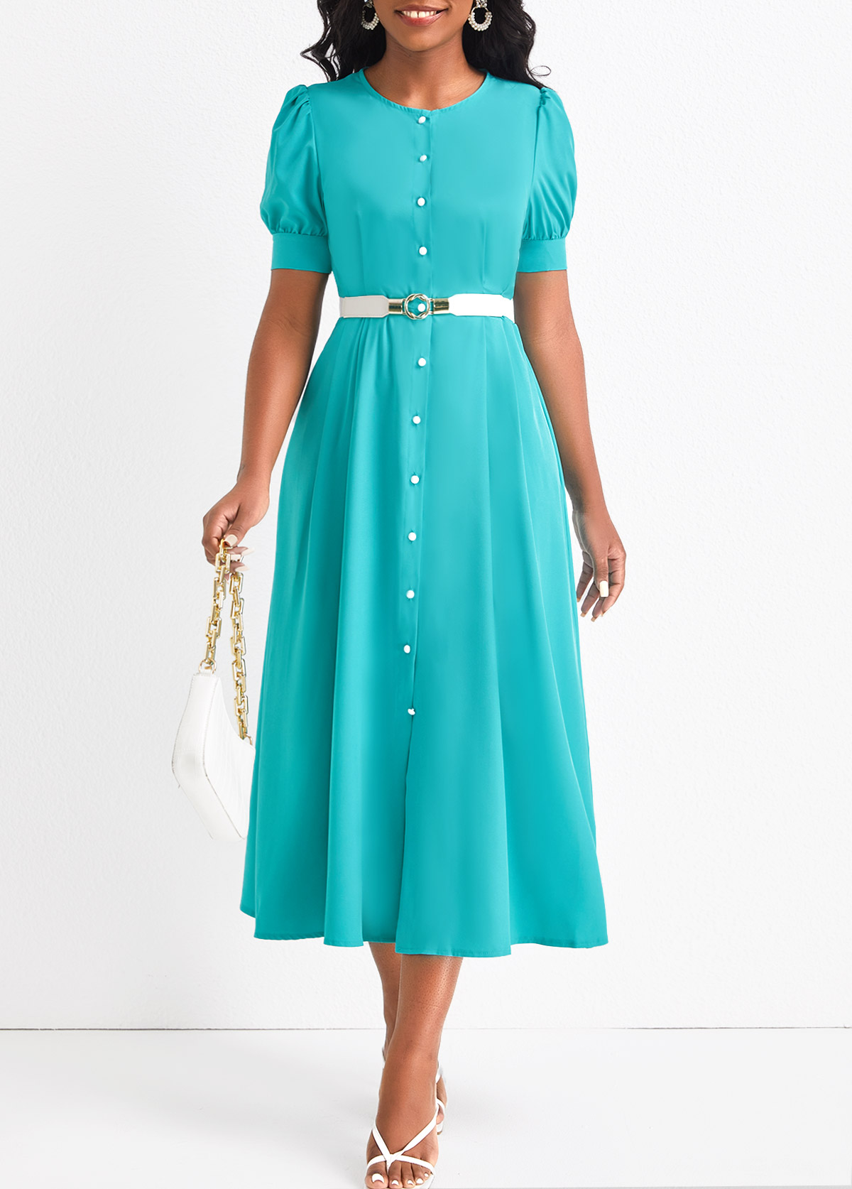 Cyan dresses,Plain Color dresses,Button Cyan Round Neck Short Sleeve Dress