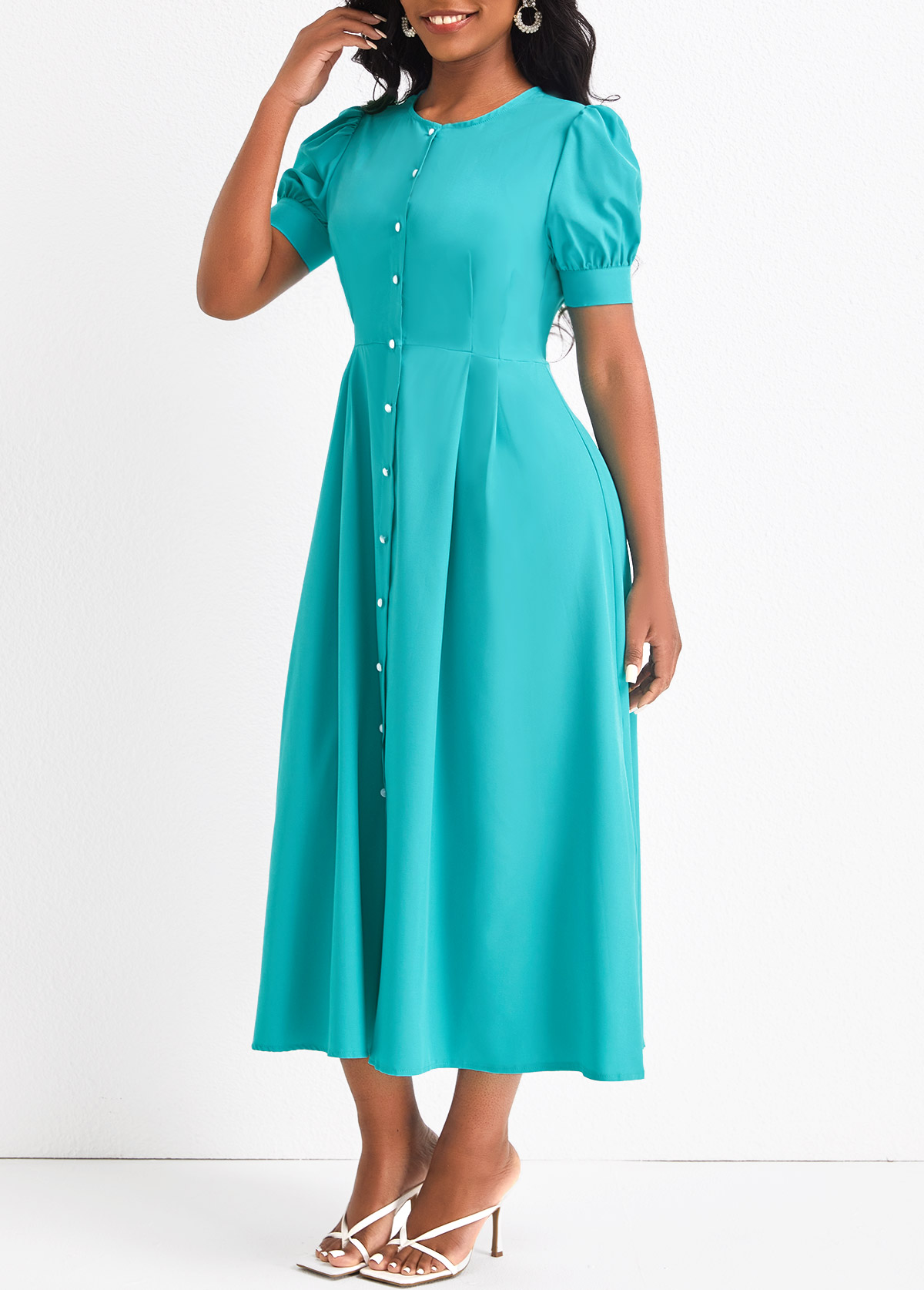 Cyan dresses,Plain Color dresses,Button Cyan Round Neck Short Sleeve Dress