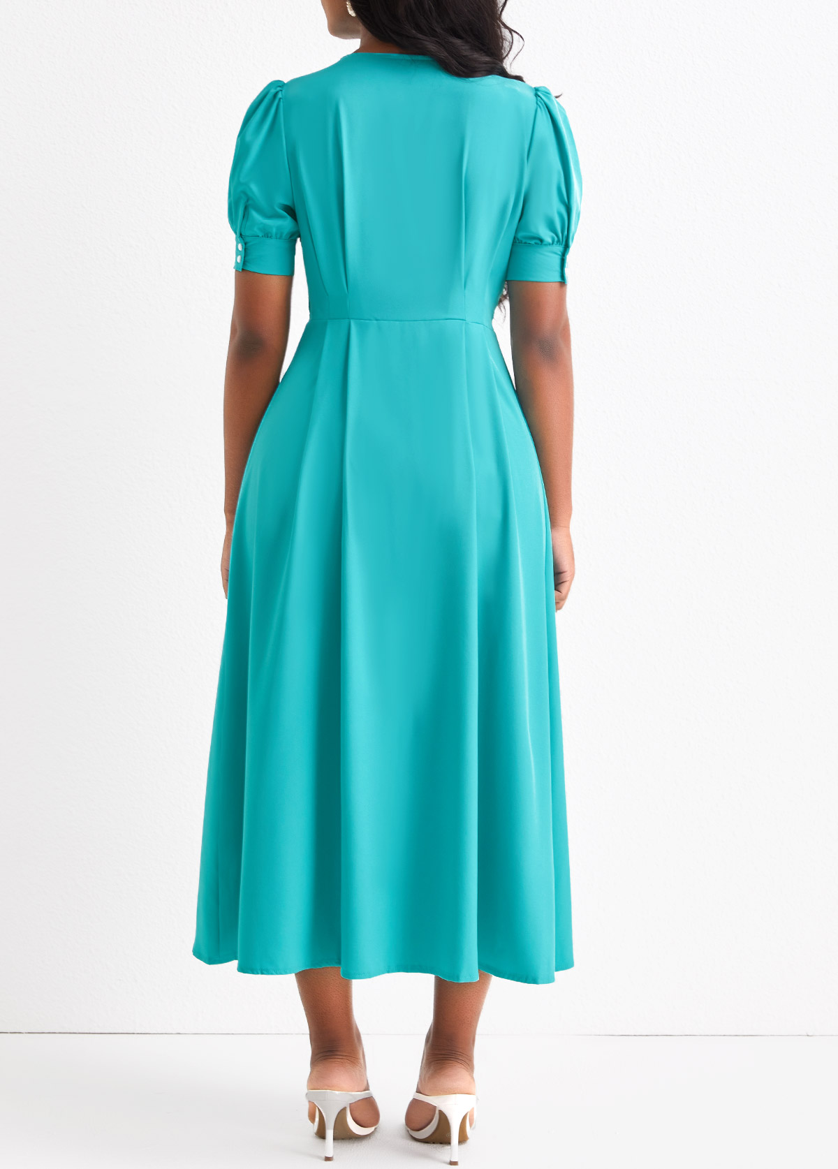 Cyan dresses,Plain Color dresses,Button Cyan Round Neck Short Sleeve Dress