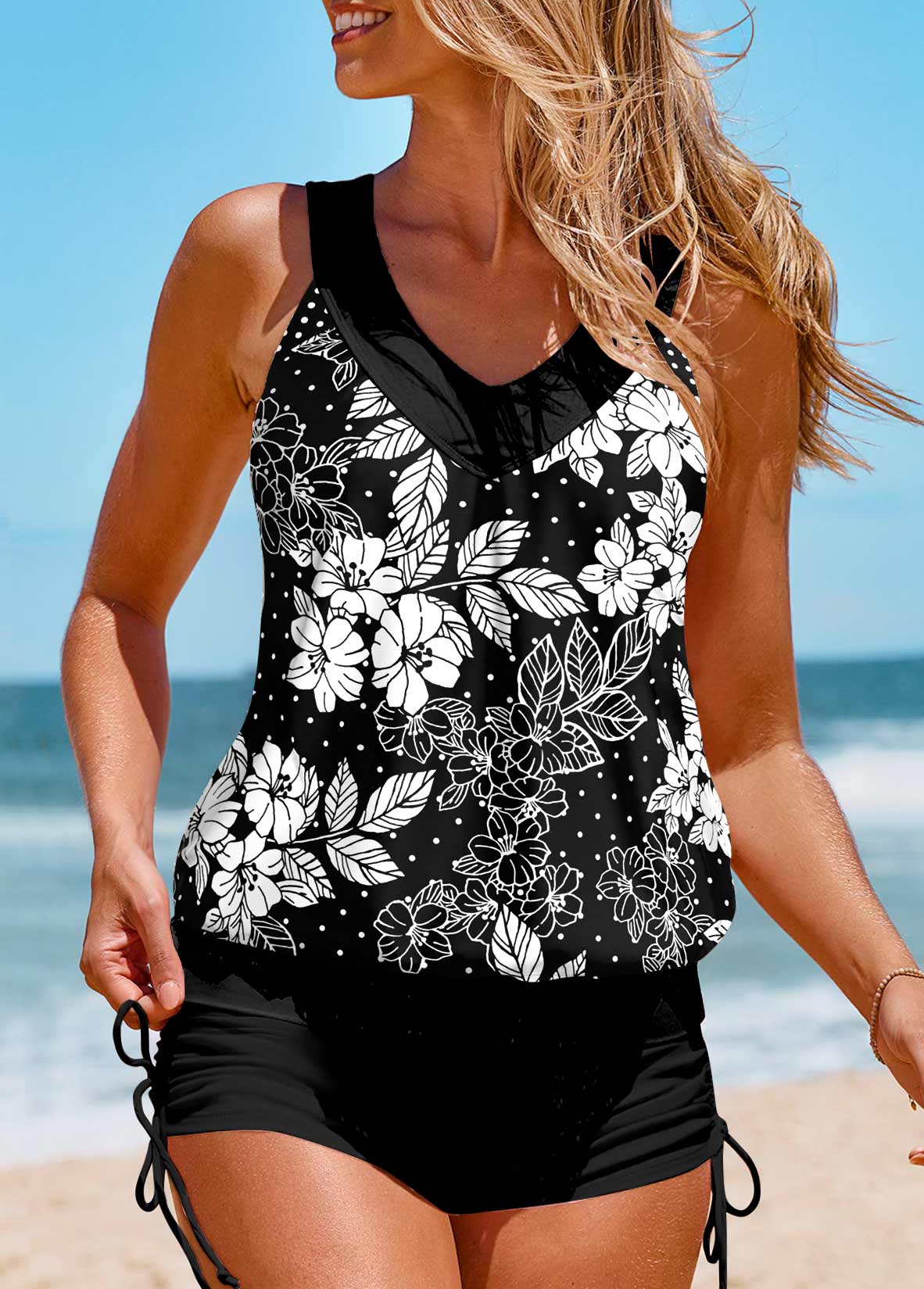 Black swimwear,Floral swimwear,Dot swimwear,Geometric swimwear,Plants swimwear,ROTITA Patchwork Black Floral Print Tankini Top