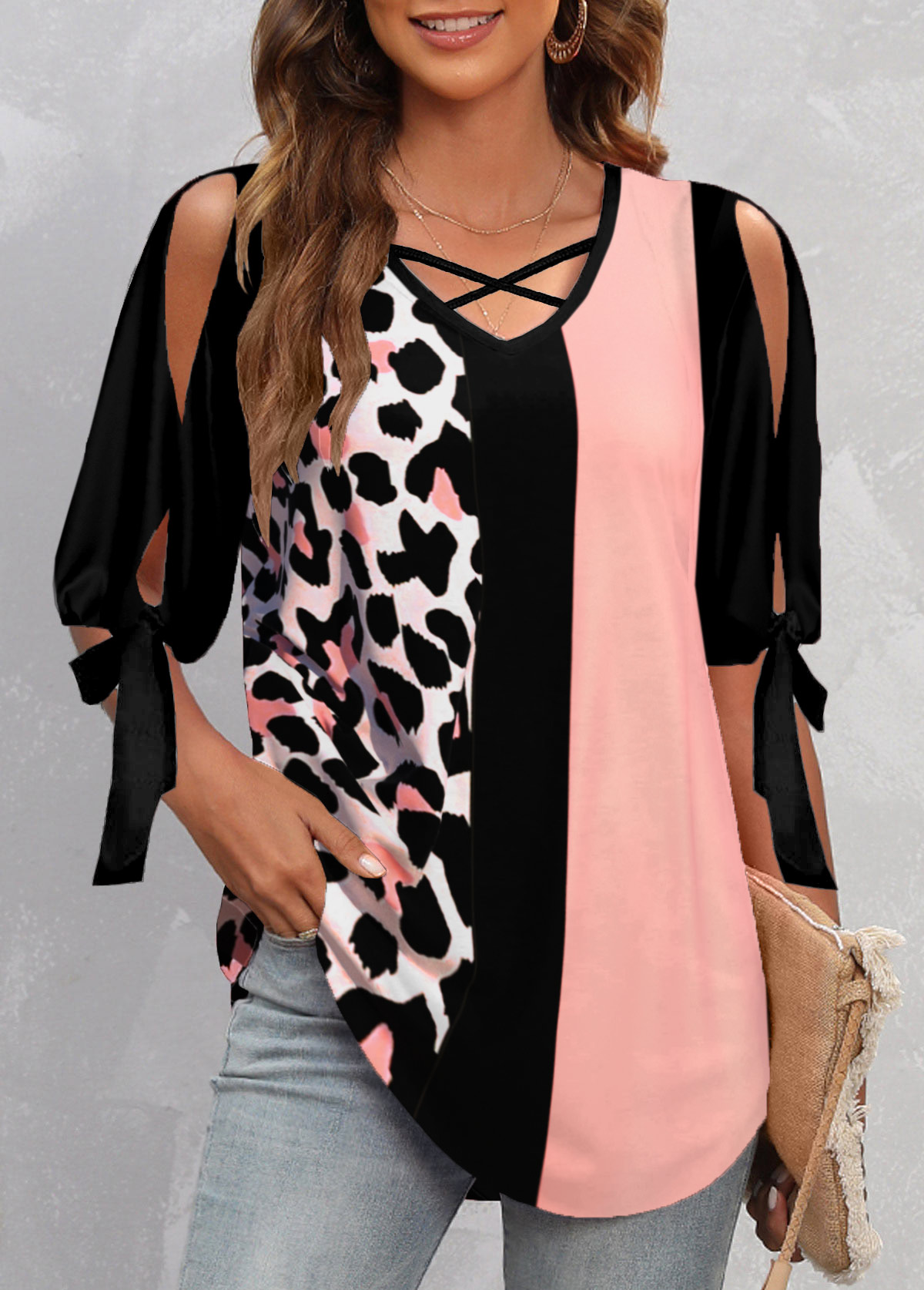 ROTITA Criss Cross Leopard Pink V Neck Blouse