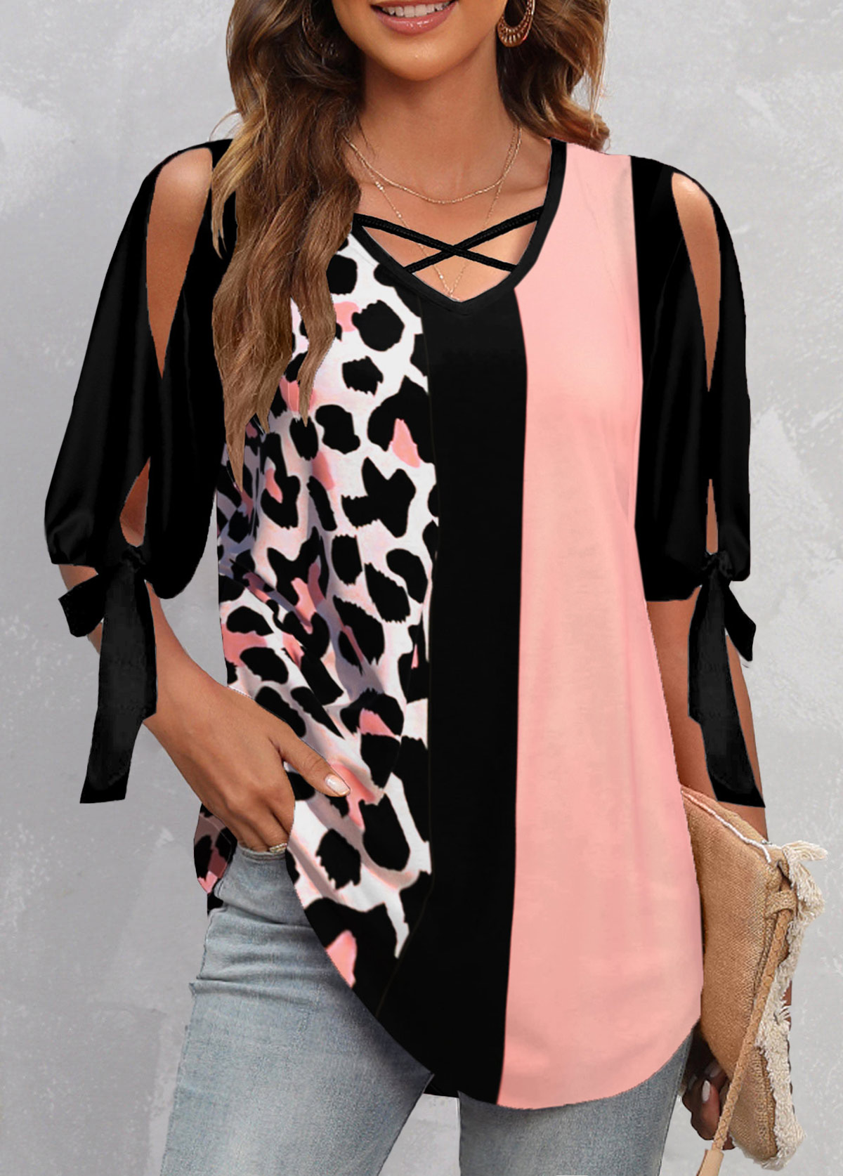 Pink tops,Black tops,Leopard tops,Animal Print tops,ROTITA Criss Cross Leopard Pink V Neck Blouse