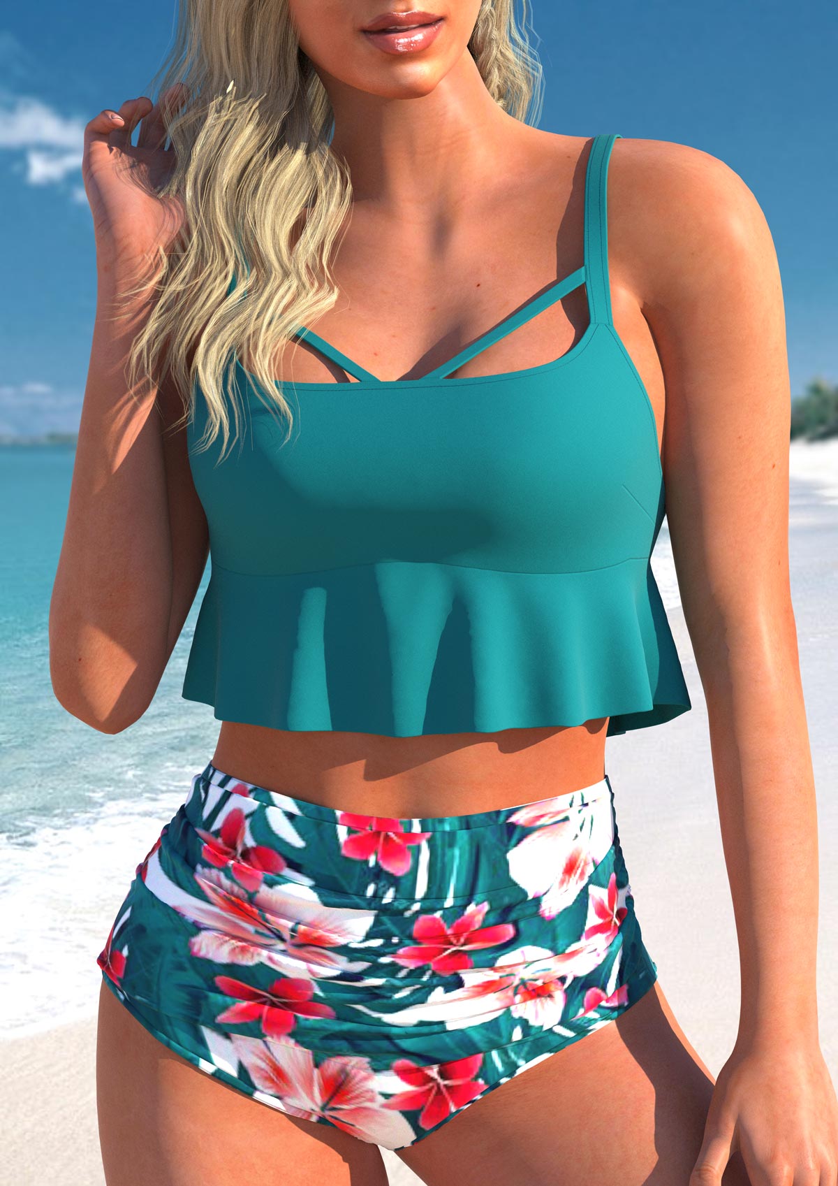 Lace Up Ruffle Turquoise Bikini Set